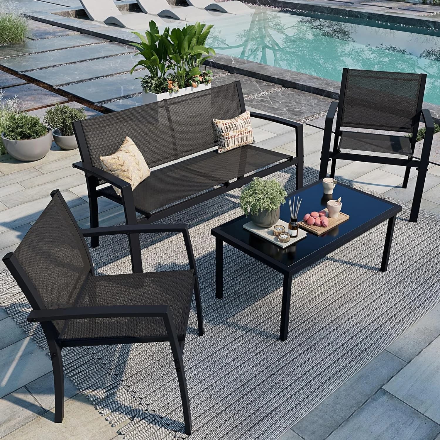 Shintenchi 4 Pieces Patio Furniture Set All Weather Textile Fabric Outdoor Conversation Set, with Glass Coffee Table, Lo