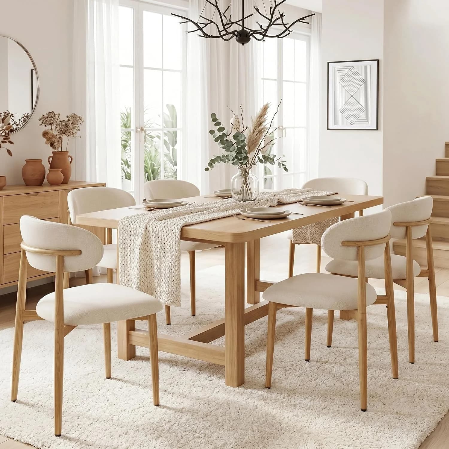 UVV Dining Chairs Set of 6, Metal Kitchen Chairs with Modern Fabric Upholstered for Dining Room, Beige