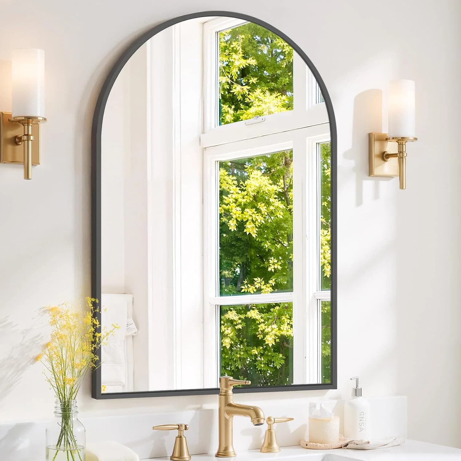 Arched Wall Mirror 38x26 Inch Black Bathroom Vanity Mirror with Metal Frame