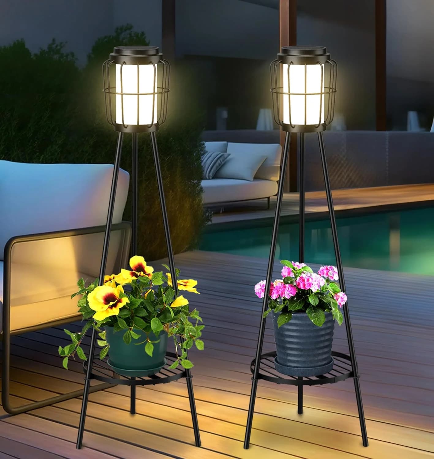 VISFLAIR 2 Pack Solar Lights with Plant Stand, Outdoor Floor Lamps, Waterproof Solar Powered Floor Lamps for Patio Deck