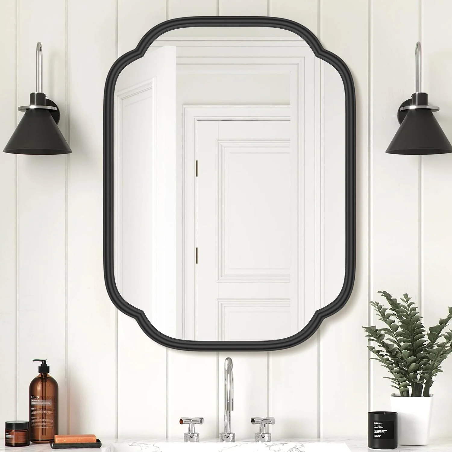 Ferytange Black Bathroom Mirror for Wall, 18" x 24" Rectangular Wall Mirror for Bathroom Metal Frame Farmhouse Rounded C