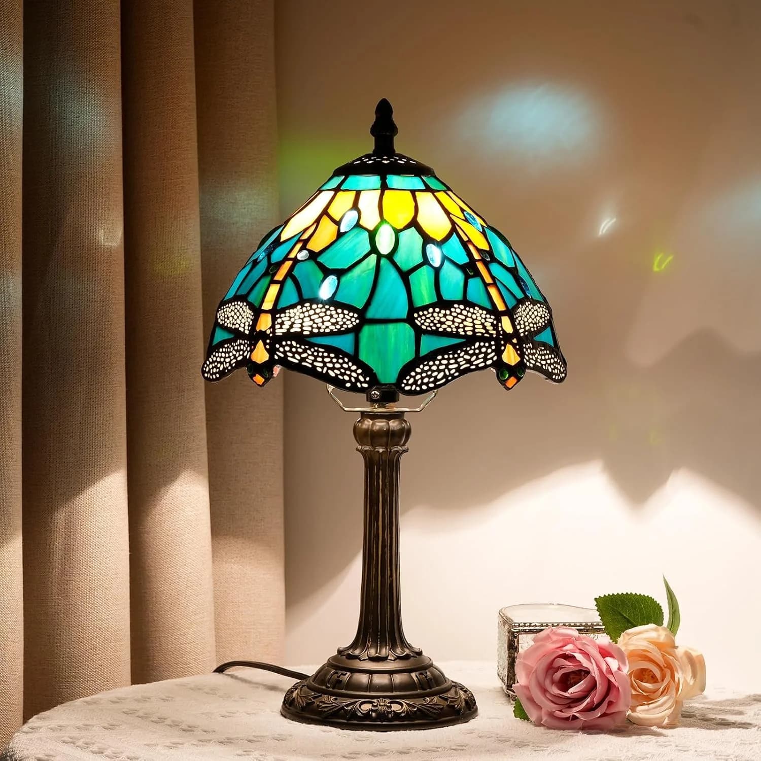 Tiffany Lamp Style Stained Glass Table Lamp Teal Dragonfly Green Bedroom Bedside Light for Office Dorm Bar Decor Retro U