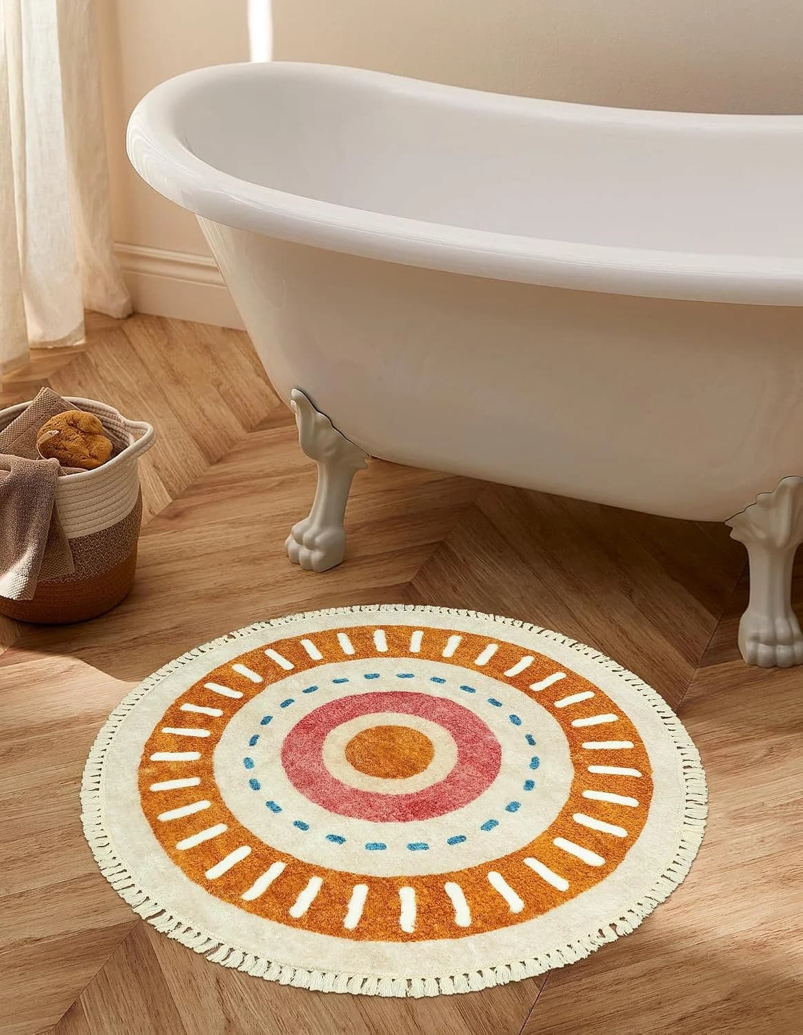Lukinbox Boho Bathroom Rugs -2Ft Washable Round Area Rug, Soft Circle Bedroom Rug with Fringes, Small Colorful Non-Slip