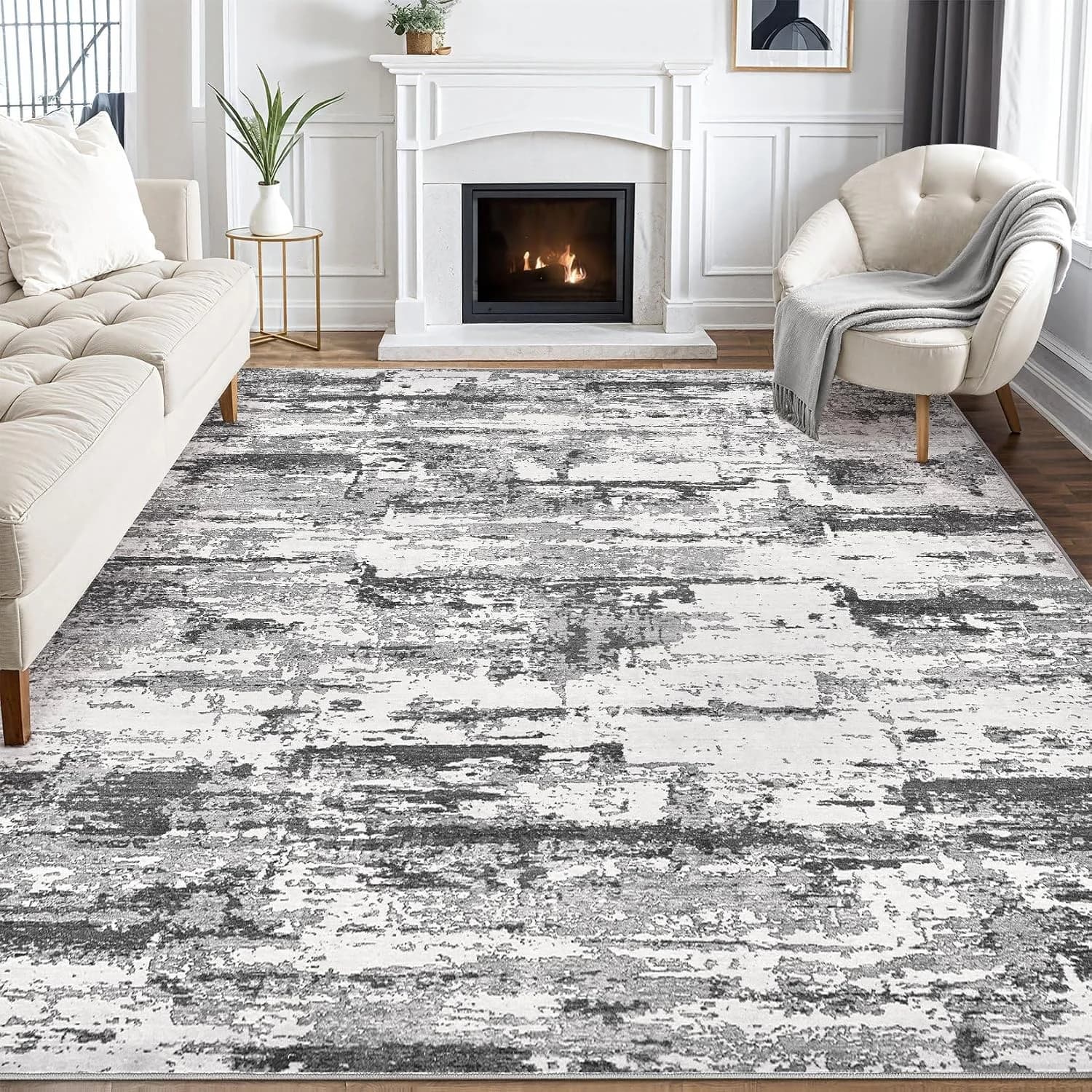 6x9 Area Rugs Abstract Washable Living Room Rug, Black Grey