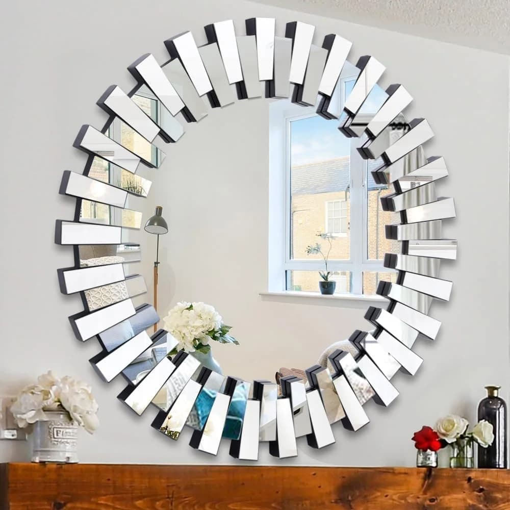 Chende Round Mirrors for Wall Decor, 32'' Large Living Room Mirror with Beveled Edge Glass, Modern Decorative Wall Mirro