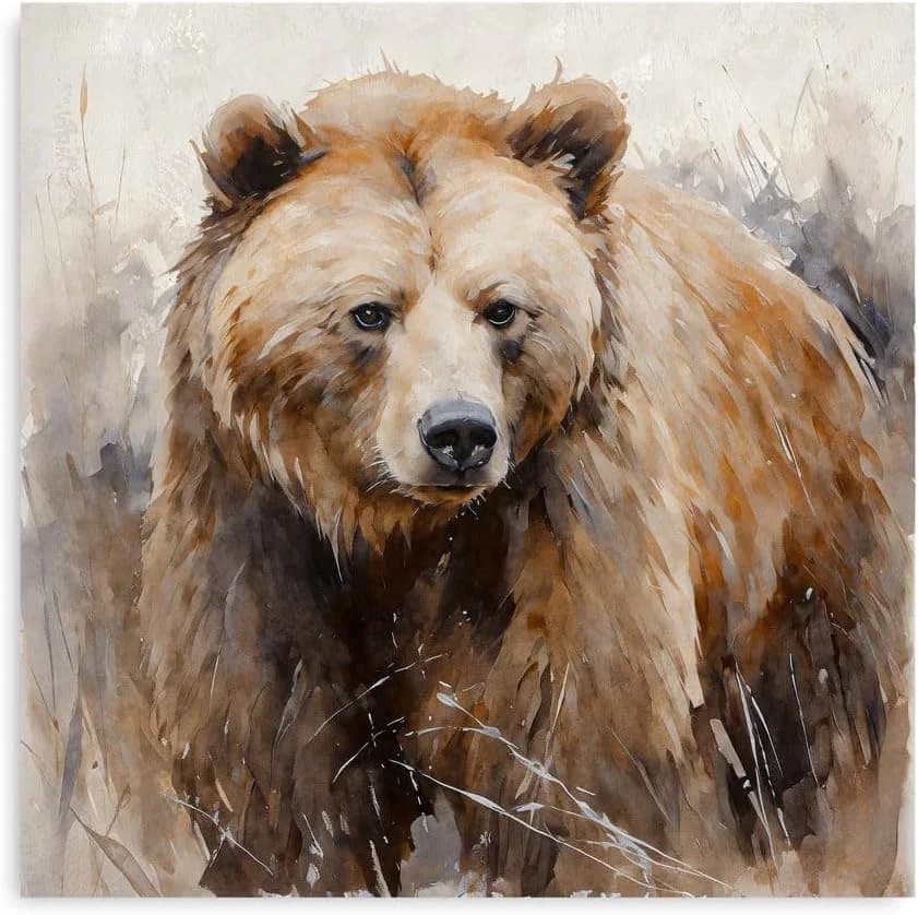 Rustic Bear Wall Art Woodland Bears Paintings Canvas Decor Animal Pictures Wall Art for Bedroom and Livingroom (12"X12"X