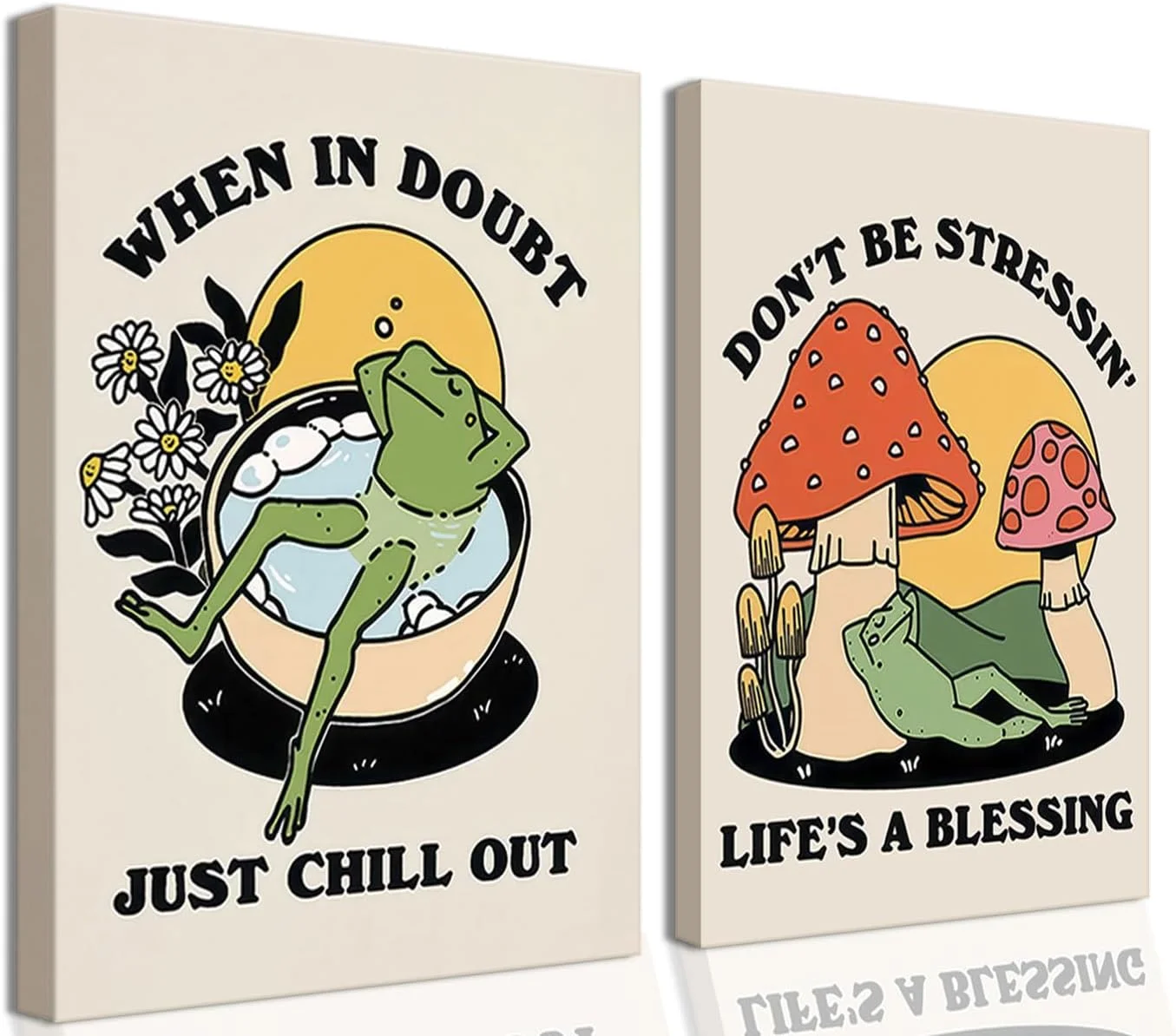 Retro Groovy Frog Mushroom Wall Art 70s Vintage Chill Quote Canvas Prints