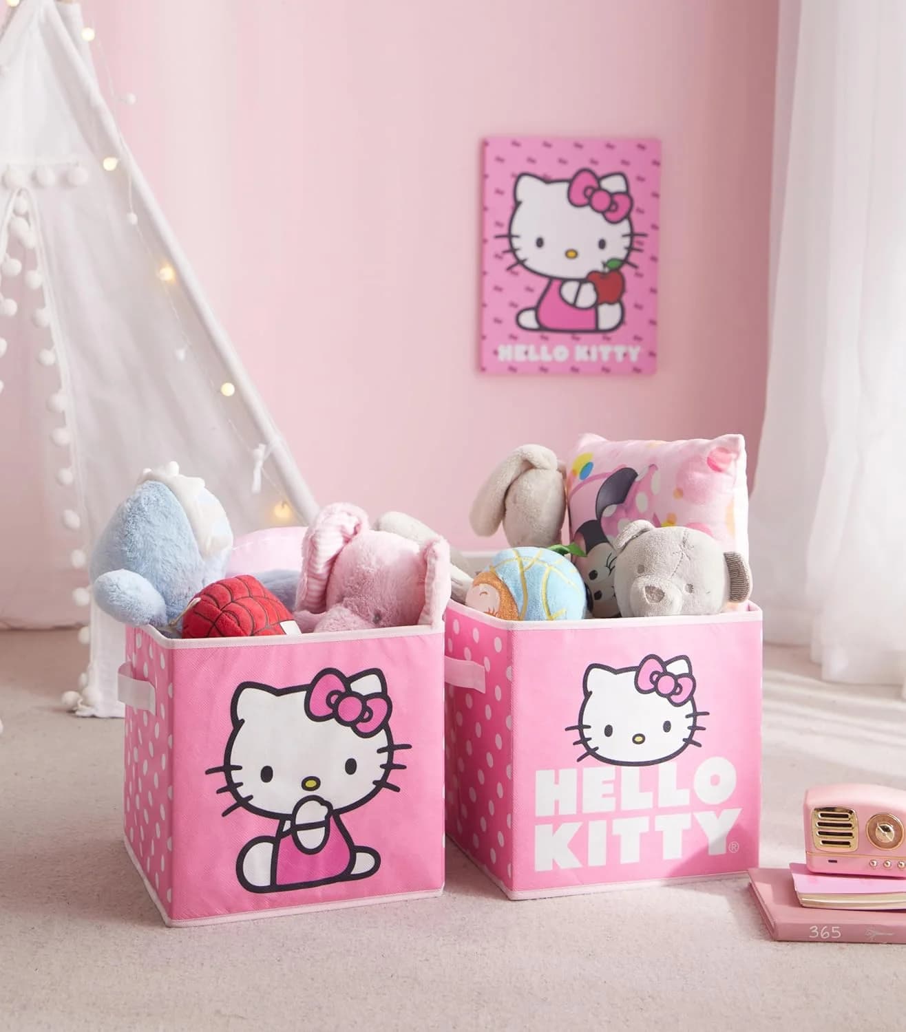 Hello Kitty Set of 2 Storage Cubes with Handles, Durable Foldable Fabric Organizer Bins for Bedroom, Closet, Nursery & D