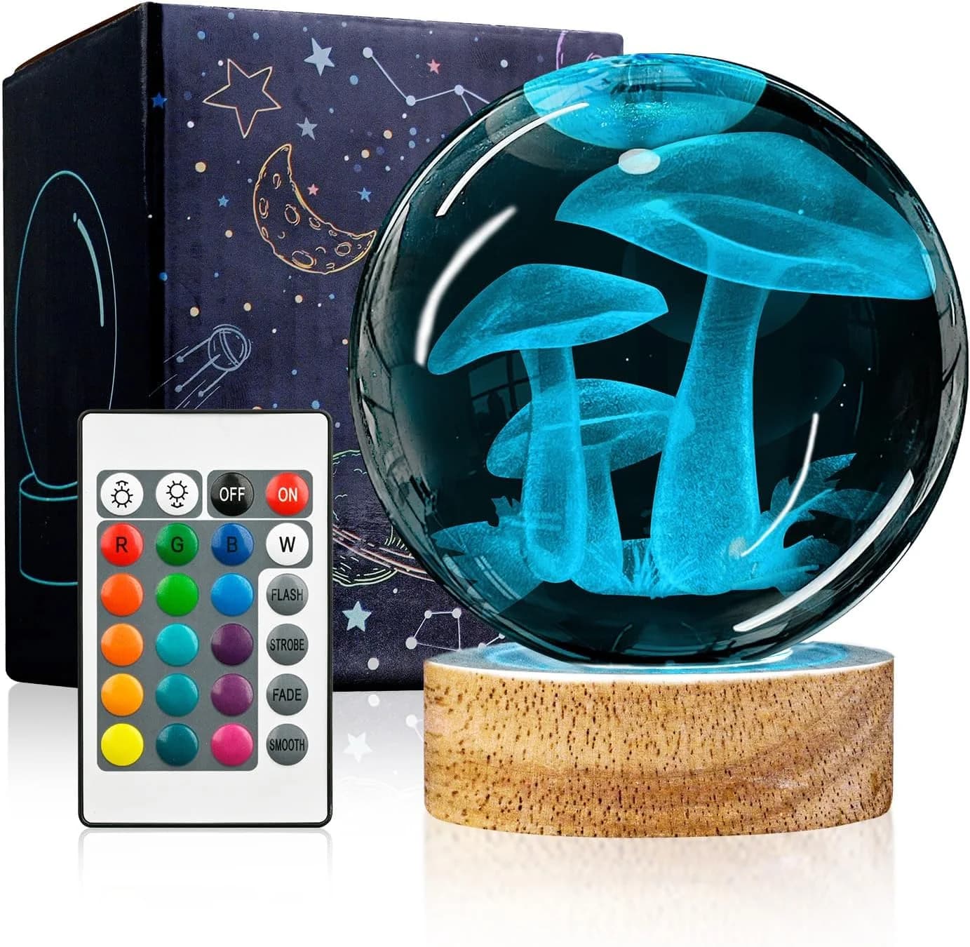 3D Crystal Ball Night Light with Wooden Base, Mushroom Glass Ball Lamp with 16 Colors and Remote Control - Cool Desk Dec