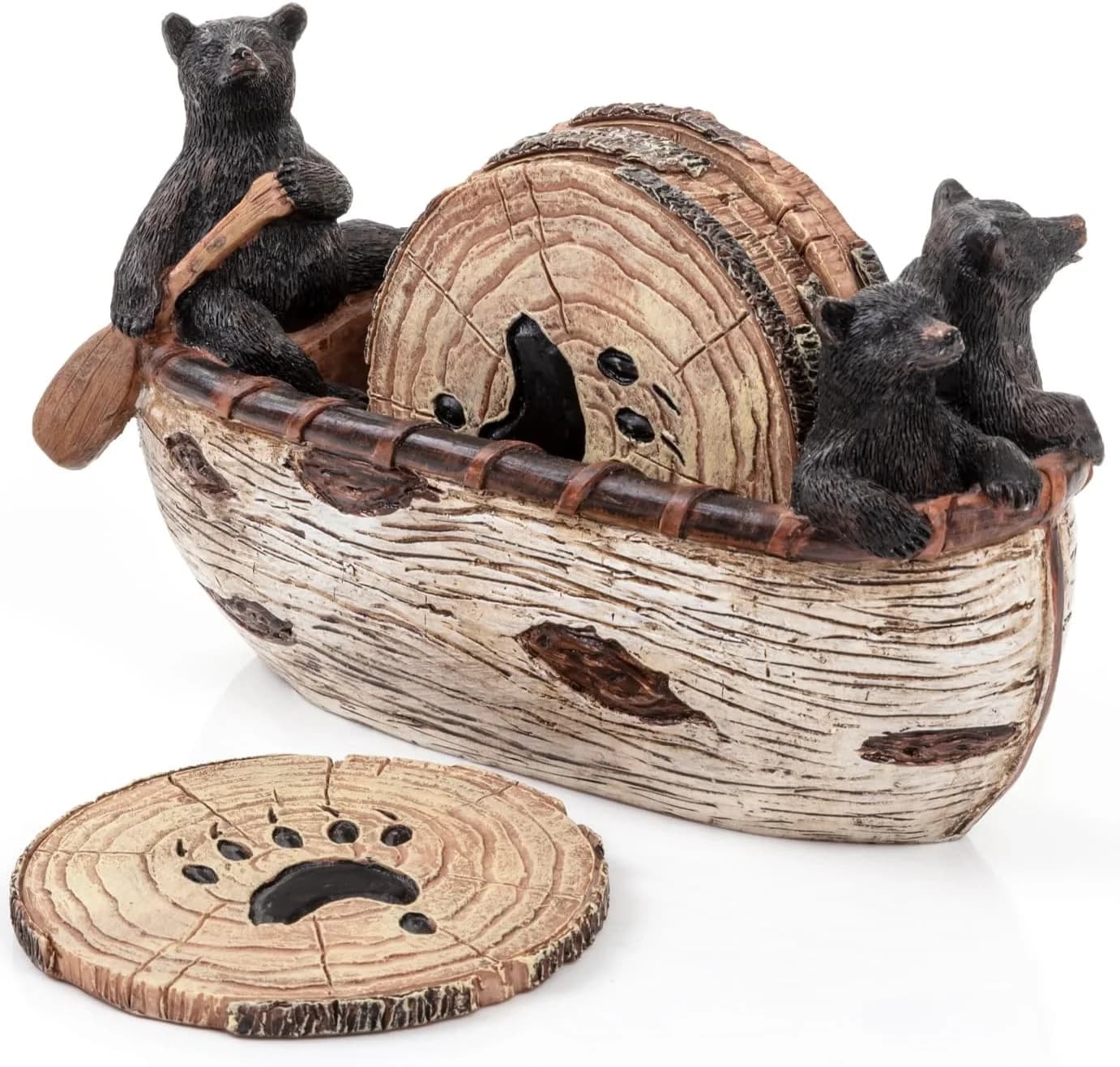 Cabin Obsession Bear Coasters - Set of 6 Full Size Rustic Coasters in Handmade Canoe with Adorable Black Bear Figurines