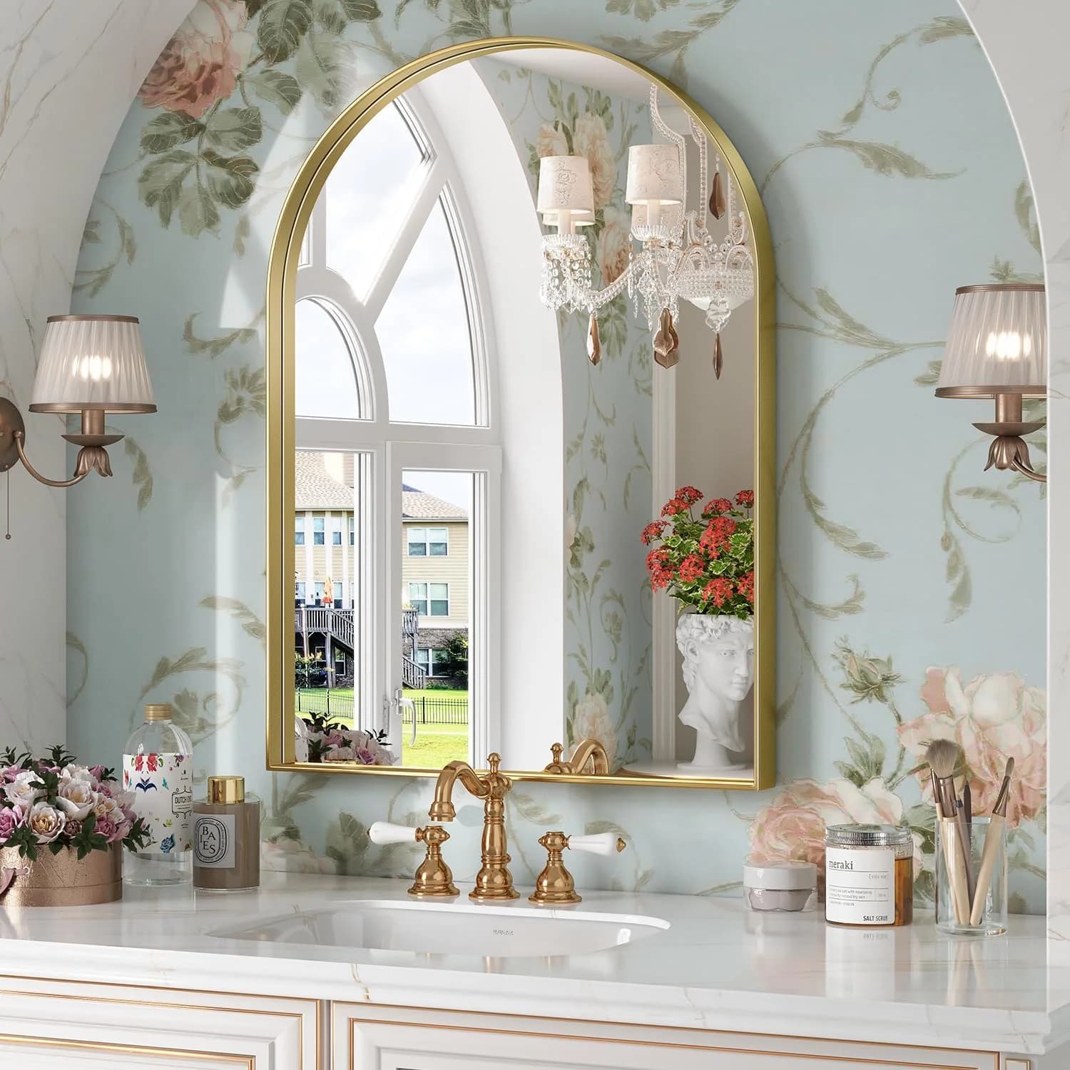 Brightify Arched Mirror, 22 x 30 Inch Gold Arch Mirror, Metal Frame Gold Arched Wall Mirror, Arched Top Bathroom Vanity