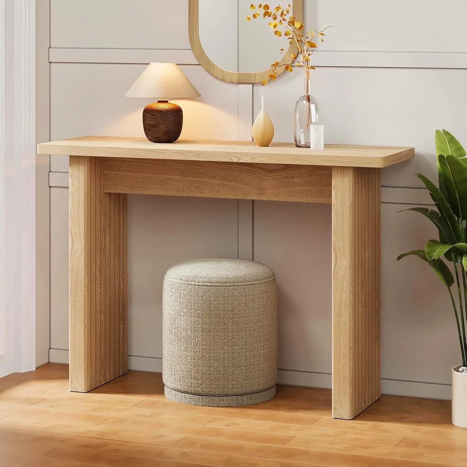 AVZEAR Narrow Console Table, Modern Fluted Skinny Entryway Table, Natural