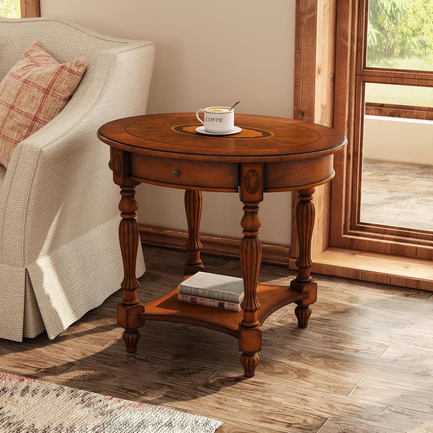 Wood Oval End Table with Drawer&Storage Shelf, 22x28in Beewax