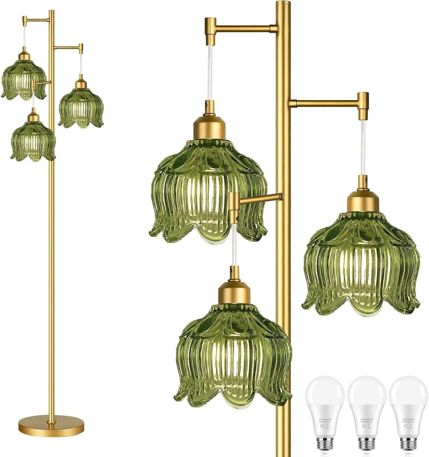 Glass Floor Lamp for Living Room,Bedroom,Gold Mid Century Modern Standing Lamp Brass Tree 3 Light Tall Floor Lamps Vinta