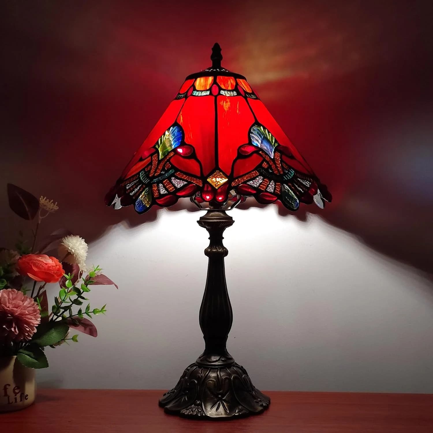 Tiffany Table Lamp Red Baroque Style Stained Glass Lamp 12X12X19 Inch Antique Lamp for Office Home Bedroom Living Includ
