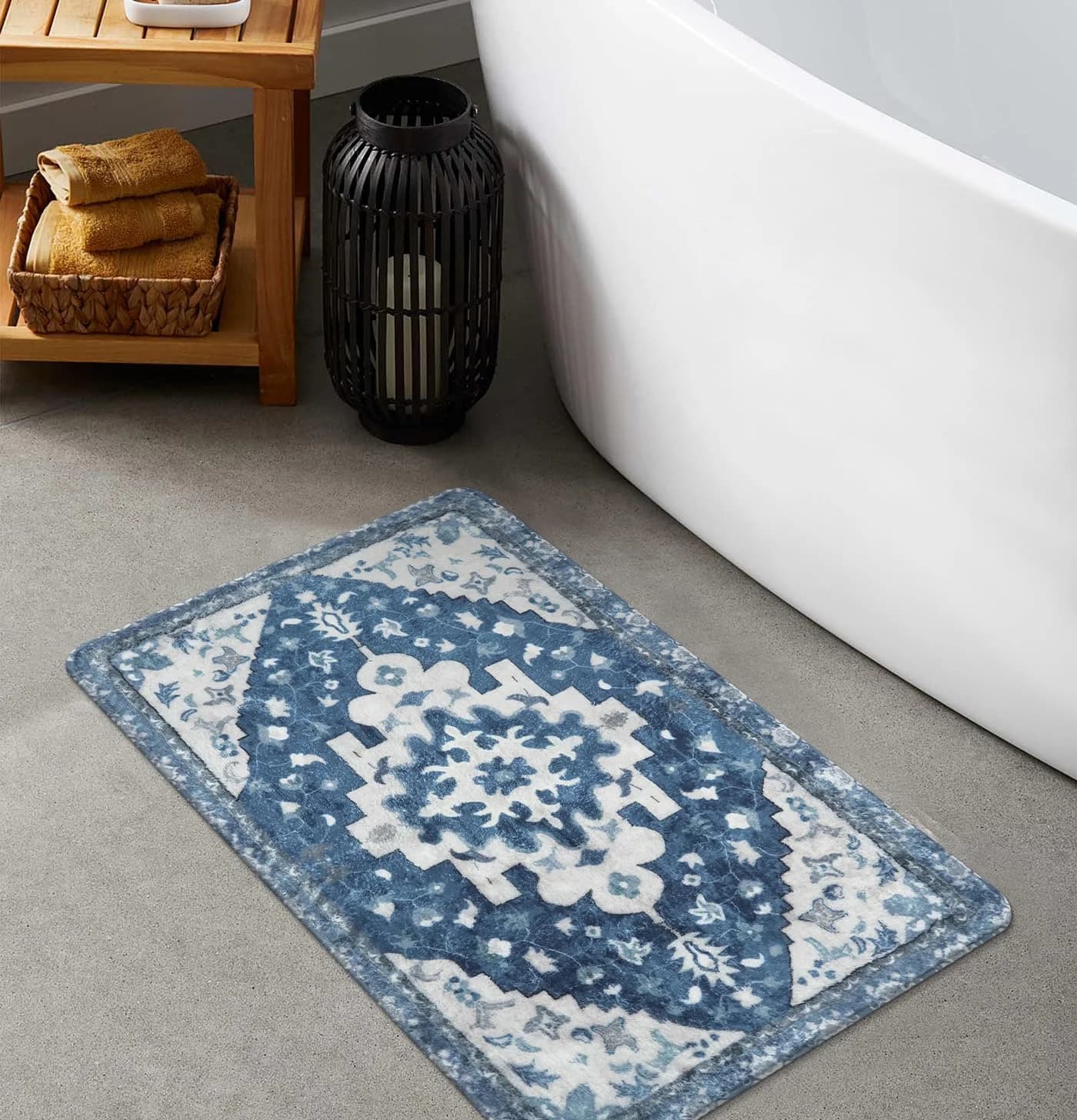 Uphome Vintage Bathroom Rug Blue Boho Non-Slip Bathroom Mat Oriental Soft Machine Washable Bath Rugs Cute Tribal Floral