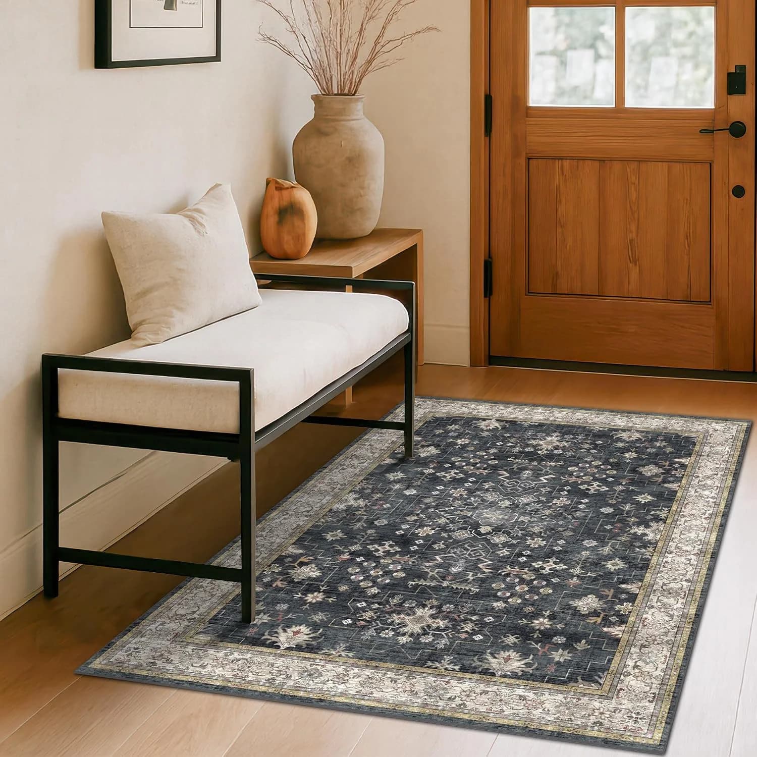 Boho Washable 4x6 Entryway Rug - Non-Slip Low Pile Geometric Area Rug for Living Room, Large Kitchen, Bedroom, Office -