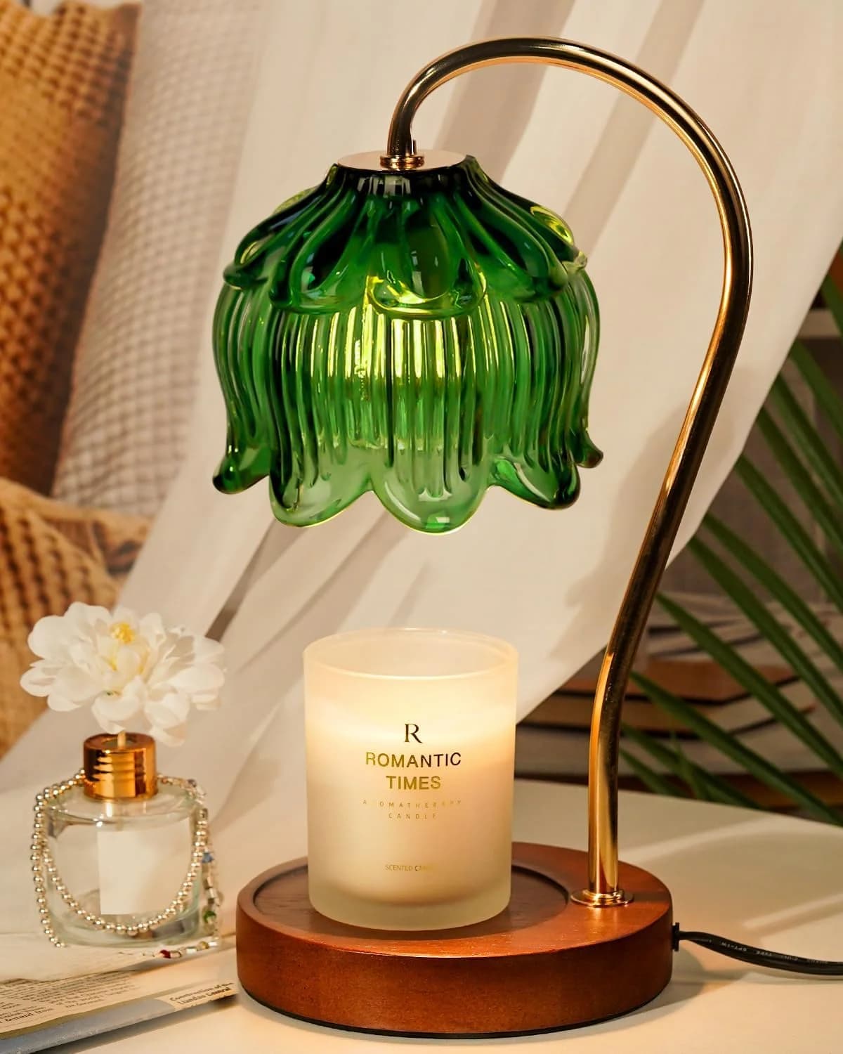 Funistree Green Candle Warmer Lamp with Timer, Dimmable Flower Candle Lamp Warmer, Vintage Christmas Birthday Gifts for