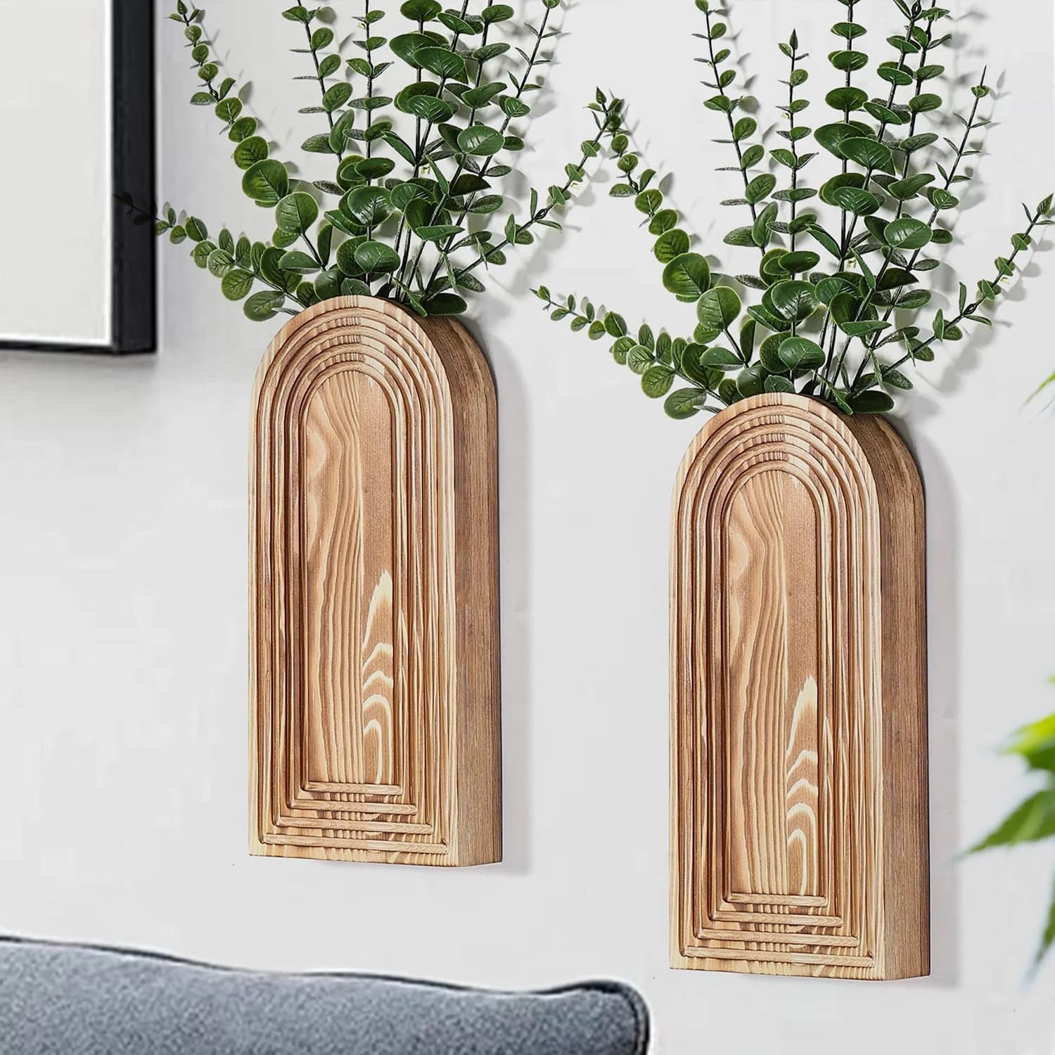 Dnnnii 2 Pack Wooden Wall Vase Set - Brown Finish Modern Farmhouse & Boho Wall Decor for Entryway, Hallway, Bathroom, Li