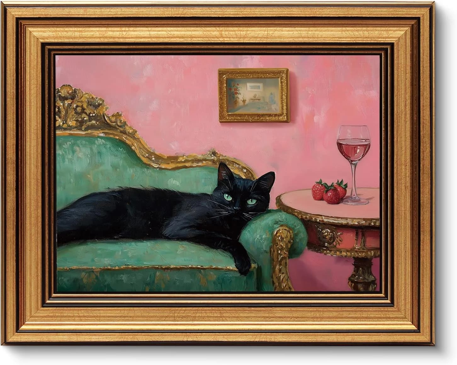 VIYYIEA Vintage Gold Framed Wall Art for Living Room, Black Cat Canvas Prints Home Decor, Oil Painting Picture, Bedroom