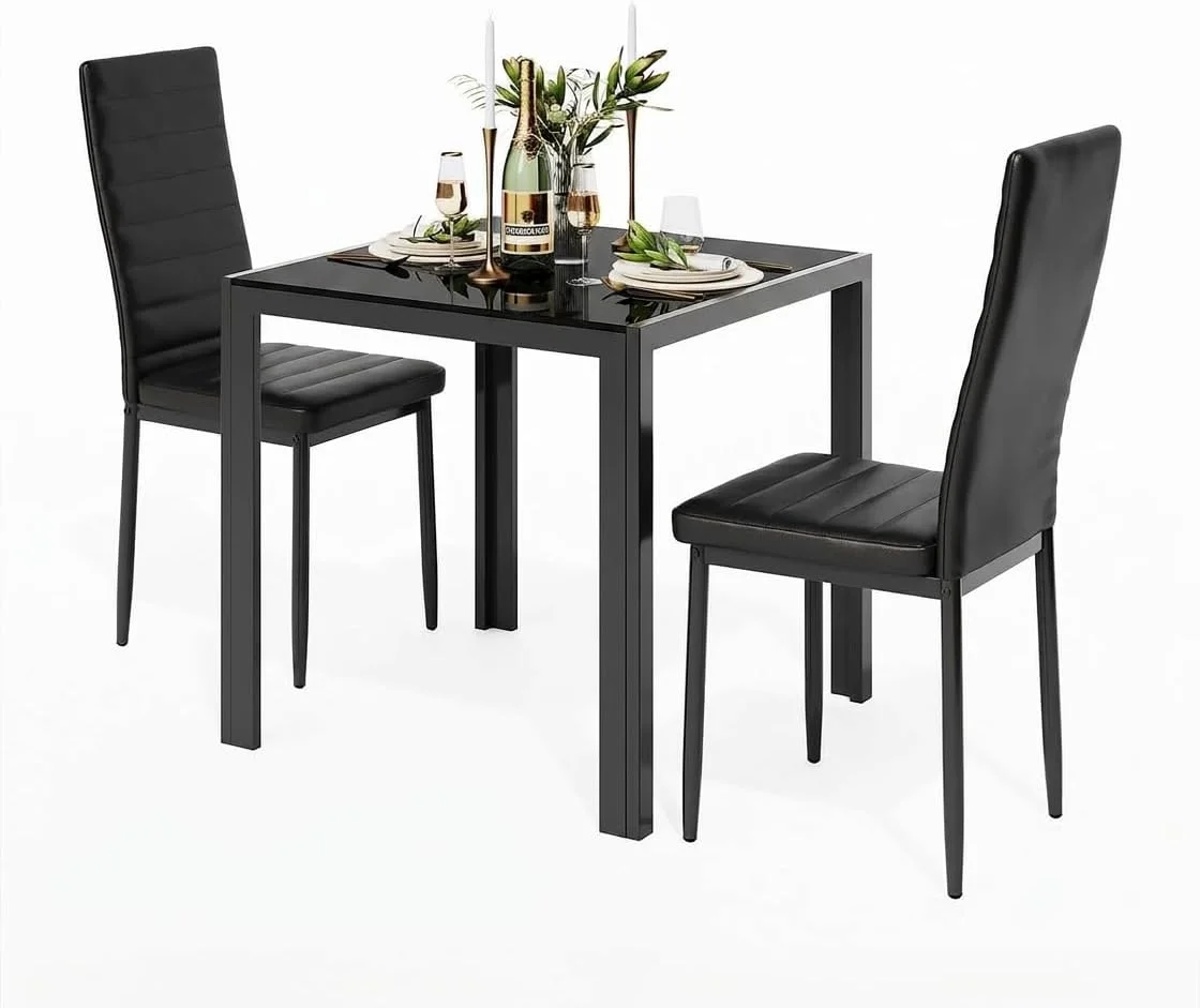 Gizoon 3 Piece Glass Dining Table Set, Kitchen Table and Chairs Set for 2
