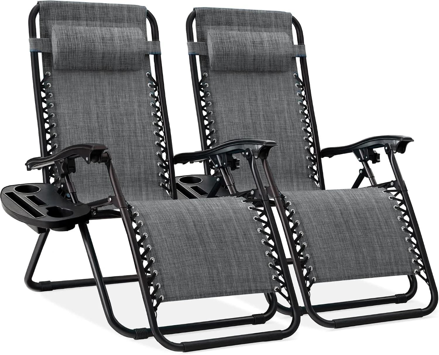 Best Choice Products Set of 2 Adjustable Steel Mesh Zero Gravity Lounge Chair Recliners w/Pillows and Cup Holder Trays -
