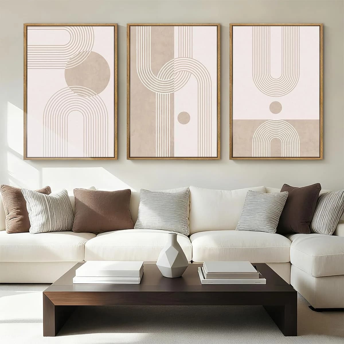ANHUIB Extra Large Neutral Boho Abstract Canvas Wall Art Set of 3 Framed Mid Century Modern Wall Decor Beige Geometric L