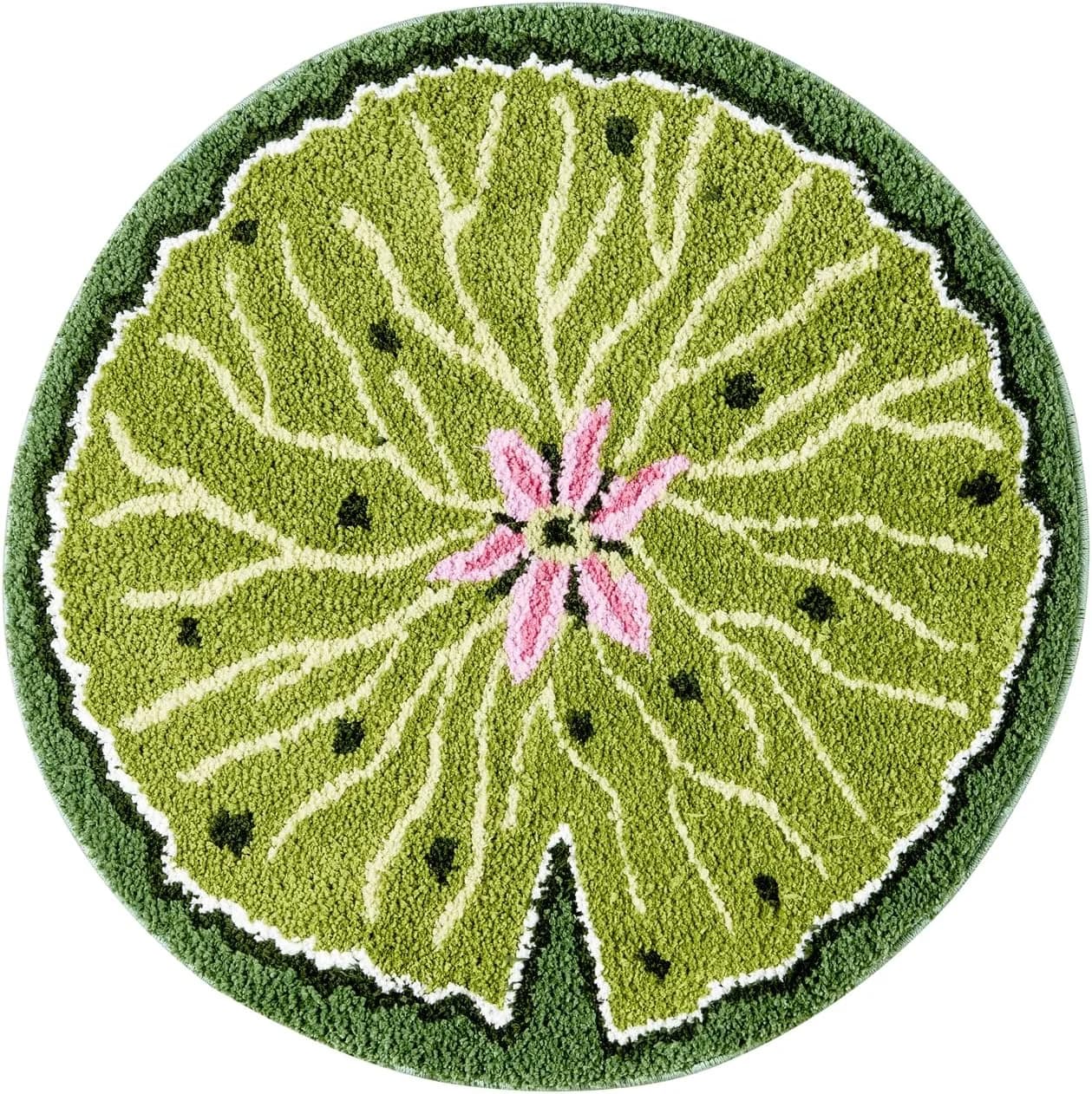 Lotus Leaf Shaped Tufted Bath Mat Non Slip Machine Washable, Cute Green Boho Floral Water Lily Leaves Bathroom Mat Absor