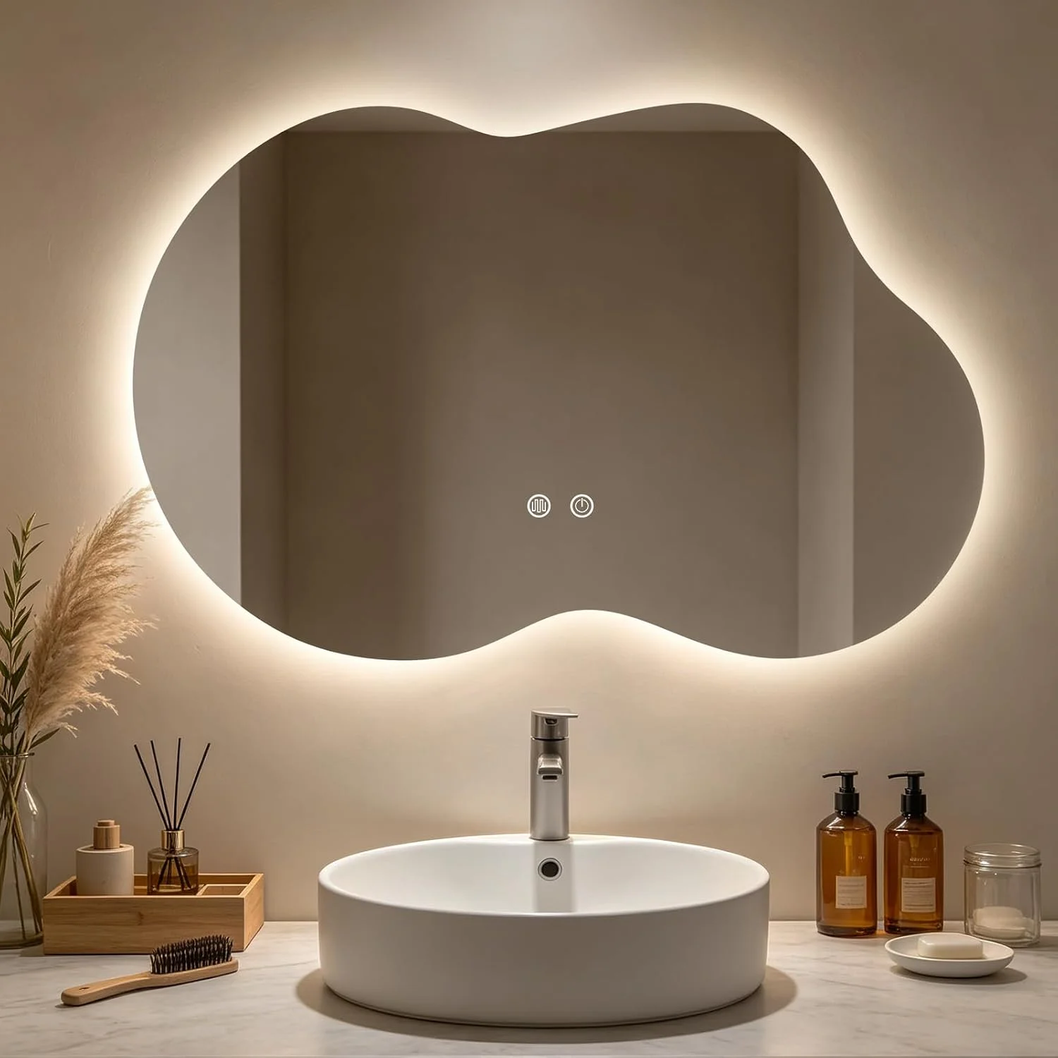 WallBeyond 46"x26" Asymmetrical Bathroom Mirror with Lights, Irregular LED Backlit Vanity Mirror for Modern Master Bathr