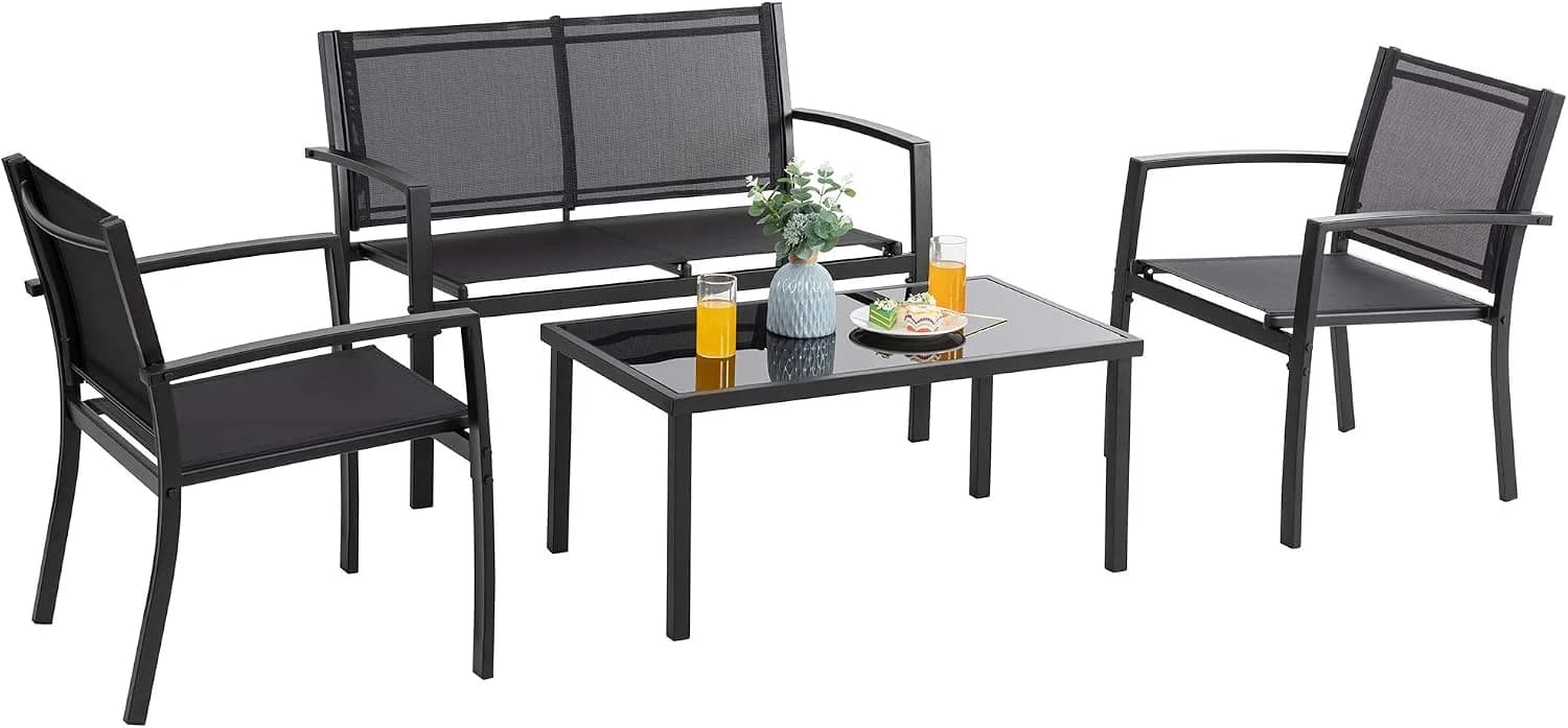 Vongrasig 4 Pieces Patio Furniture Sets,Outdoor Patio Conversation Sets with Glass Coffee Table, Small Porch Balcony Fur
