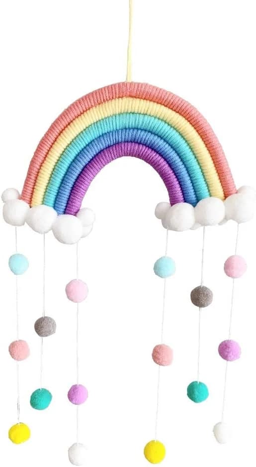 Macrame Rainbow Wall Hanging Decor Pom Pom Garland Colorful Ball for Kids Room Girls Bedroom Baby Shower Nursery Decorat