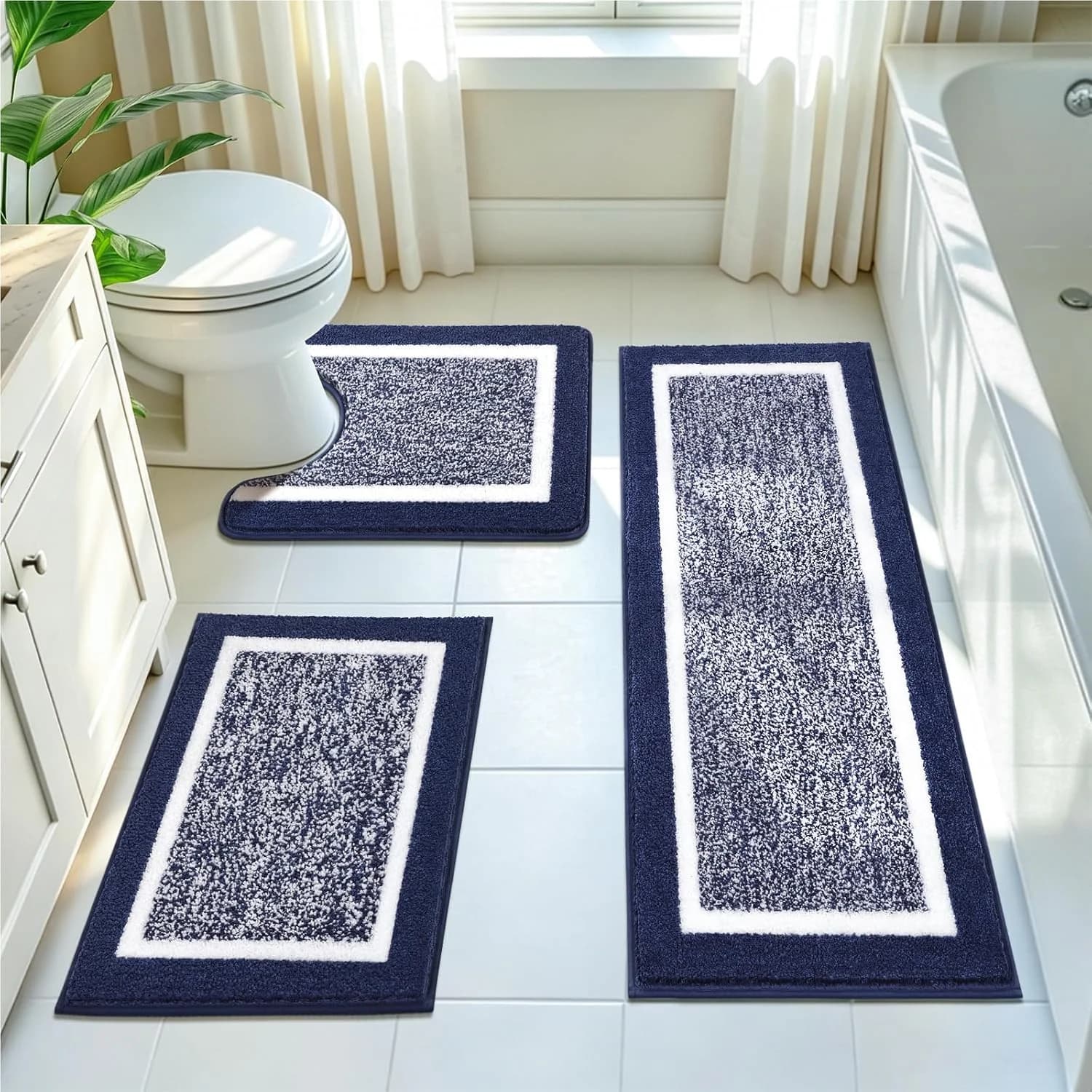 Pauwer Bathroom Rugs 3 Piece Set, Non Slip Washable Bath Mat, Navy