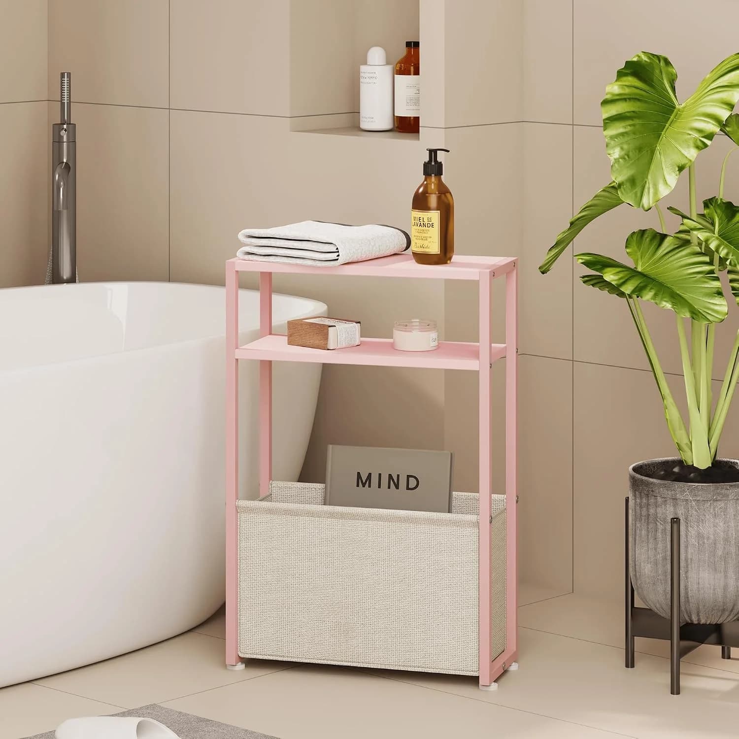 Leomonio Narrow Side Table, Slim End Tables with Fabric Basket, Skinny Table for Small Spaces, Thin Bedside Table for Li