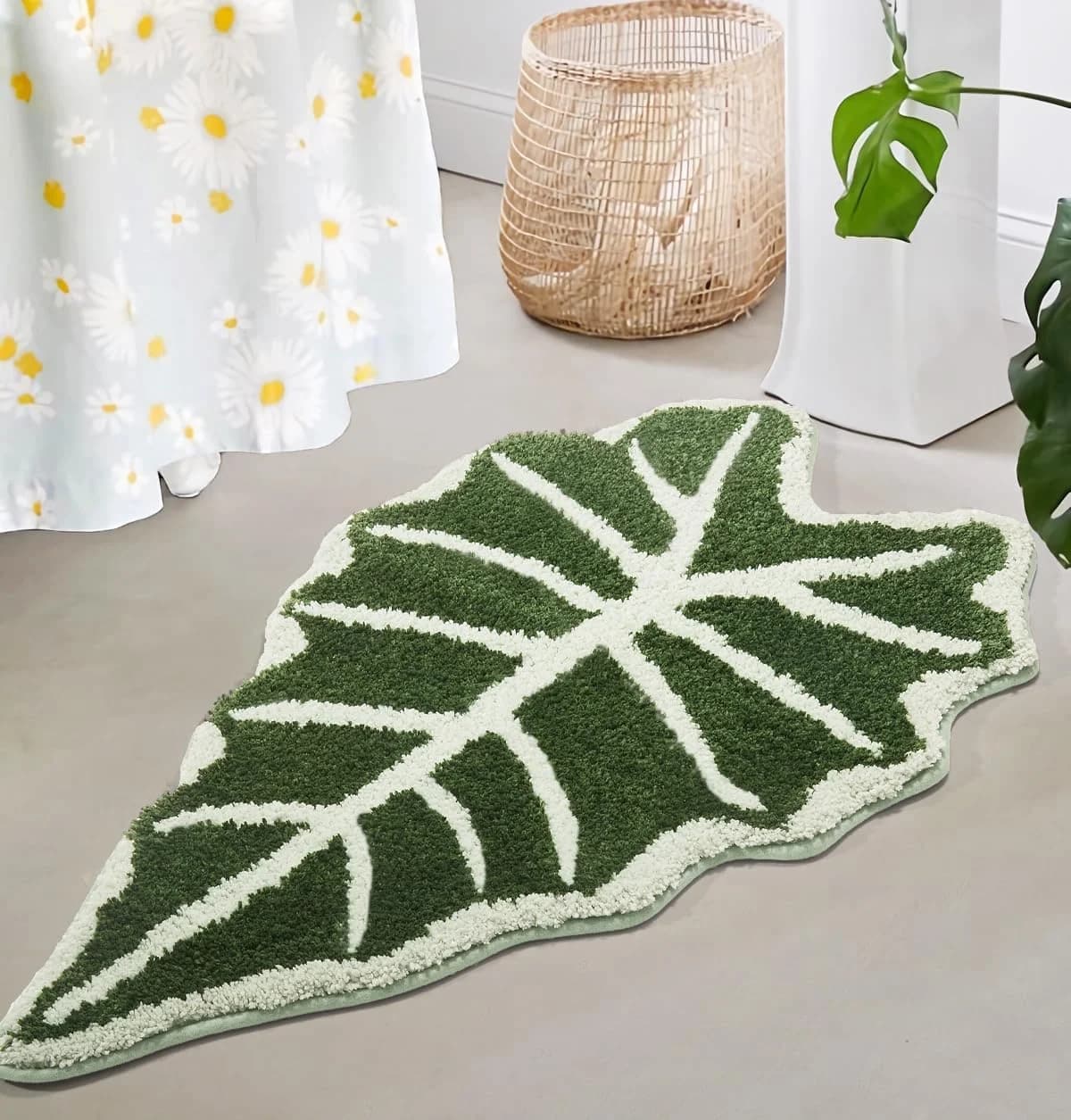 Green Leaf Bathroom Rugs-Tropical Leaves Shaped Bath Mat for Cute Bathroom Decor Alocasia Leaf Plant Rug for Boho Bedroo