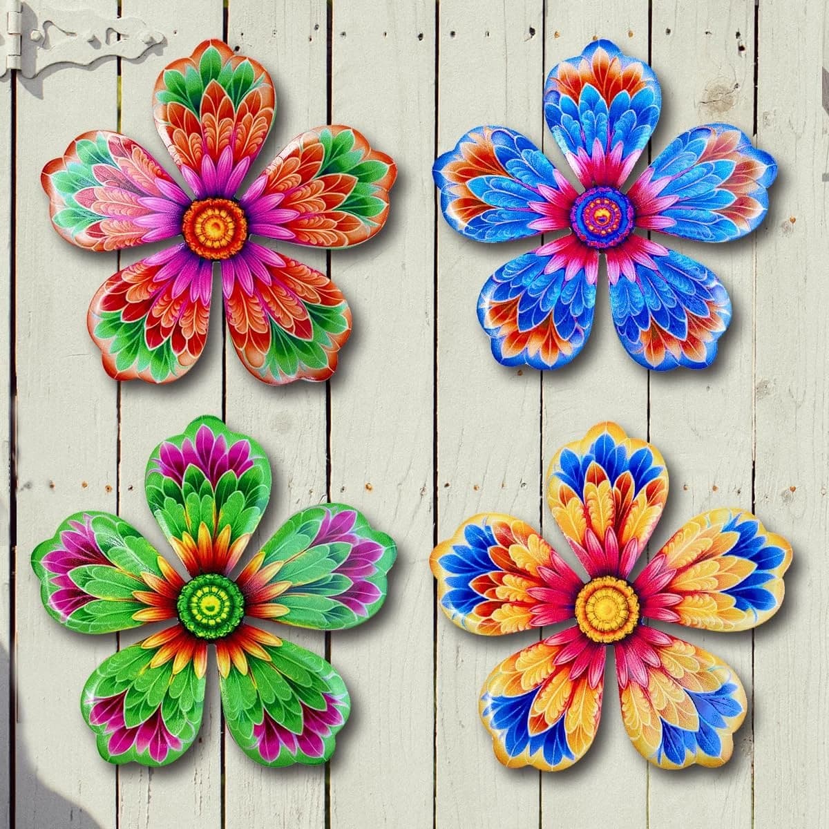 Giyyomtr Metal Flowers Wall Decor - 4pcs 6.2'' Metal Wall Art Hanging Decorations for Outdoor Fence Garden Yard Patio Ex