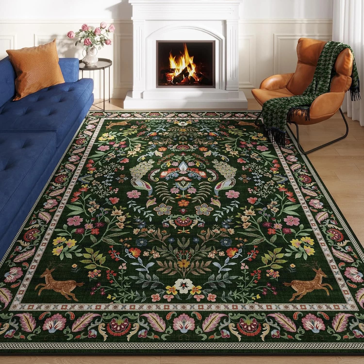 Rugcomf Area Rug 5x7 for Living Room Floral Washable, Emerald Green