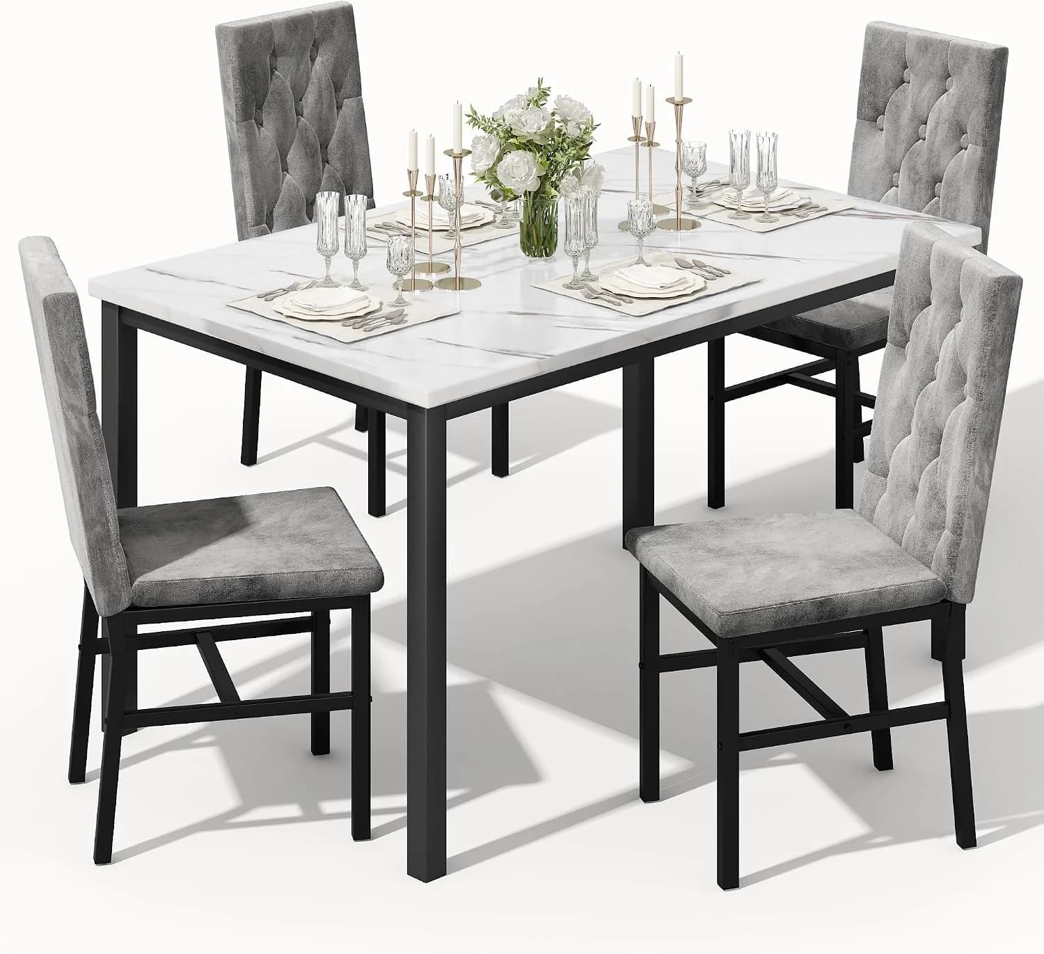 Hooseng Dining Table Set for 4, Faux Marble Small Kitchen Table Chairs Set of 4 with Luxurious Button Tufted Dinner Chai