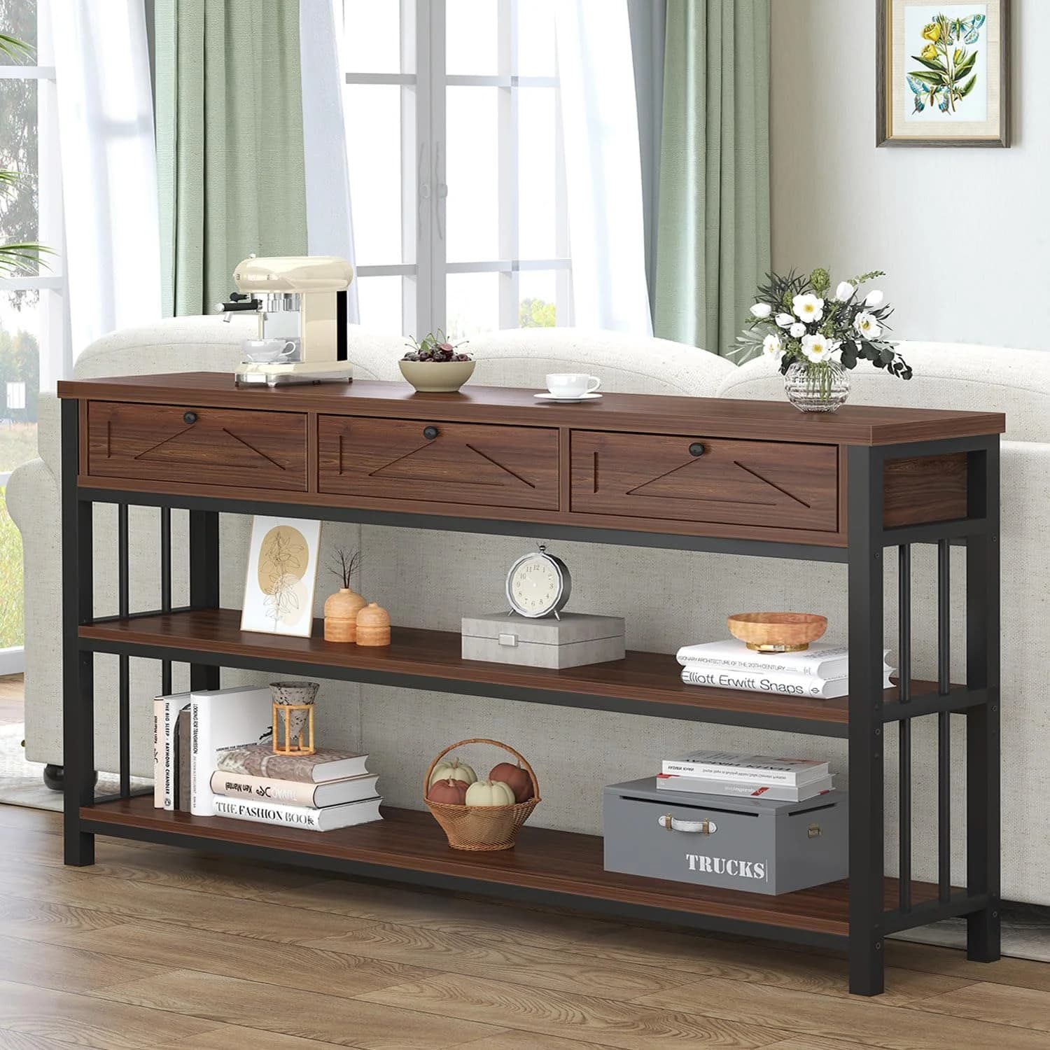 HSH 55”Walnut Industrial Table with 3 Drawers Storage for Console Entryway