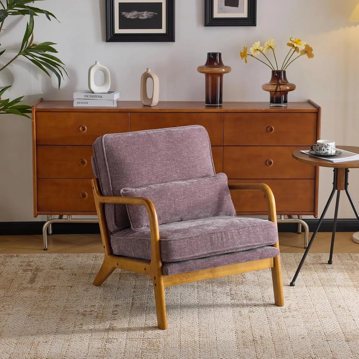 VINGLI Chenille Mid-Century Modern Accent Chair, Cute Reading Arm Chair with Cushion & Lumbar Pillow & Solid Wood Frame