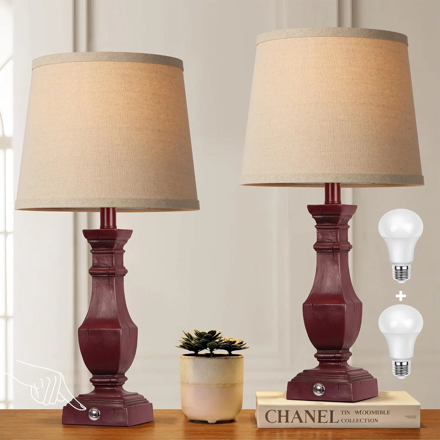 ROTTOGOON Dimmable Table Lamps Set of 2, Rustic Farmhouse Table Lamps for Living Room Bedroom, Bedside Desk Lamps for en