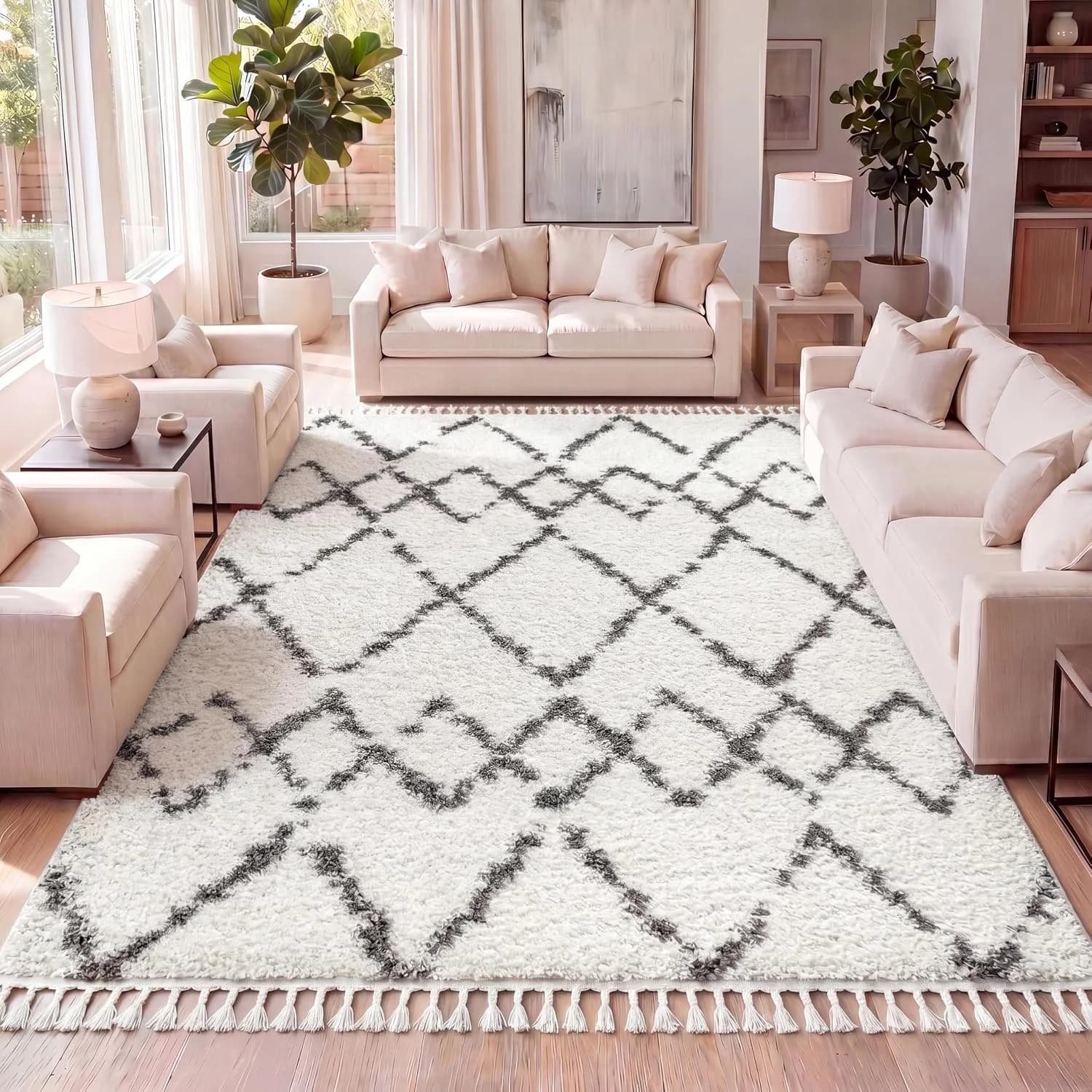 JONATHAN Y Mercer Shag Plush Tassel Ivory/Gray Indoor Area Rug, 8x10, Moroccan Geometric Trellis, Contemporary, Easy-Cle
