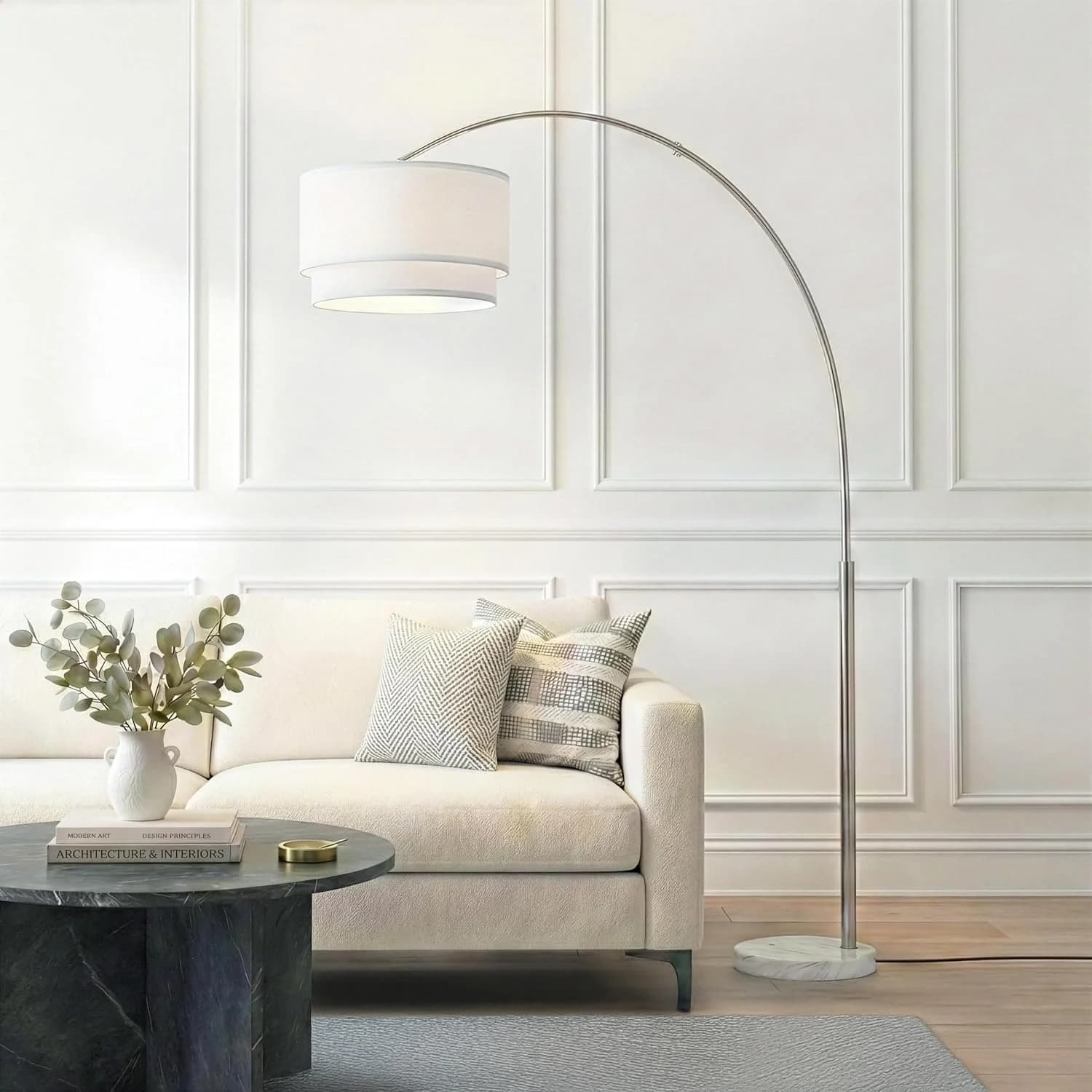 Brightech Mason Arc Floor Lamp - Modern Corner Standing Lamp with Unique Hanging Drum Lamp Shade for Living Room - Brigh