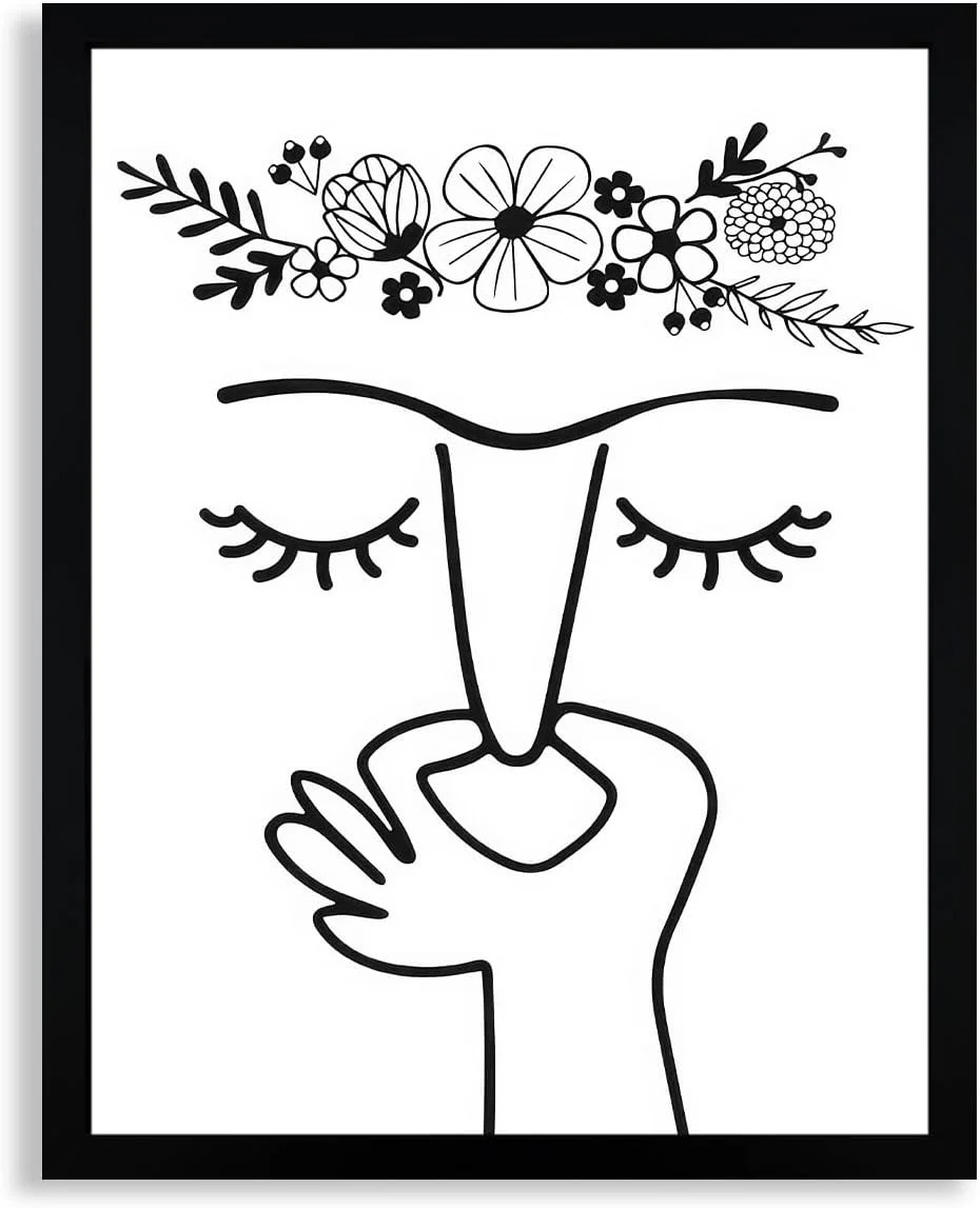 WRFON Framed Line Bathroom Wall Art, Minimalist Face Line with Flower Crown Artwork Print, Black and White Canvas Wall P