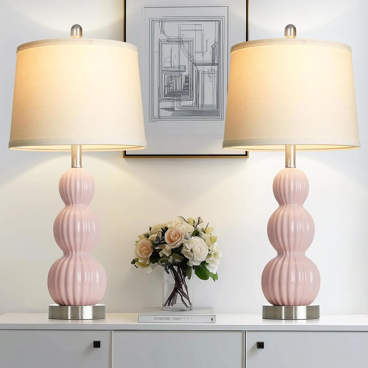 28" Pink Ceramic Table Lamps Set of 2, Modern Bedside Lamps for Night Stands, Triple Gourd Table Lamp for Living Room En