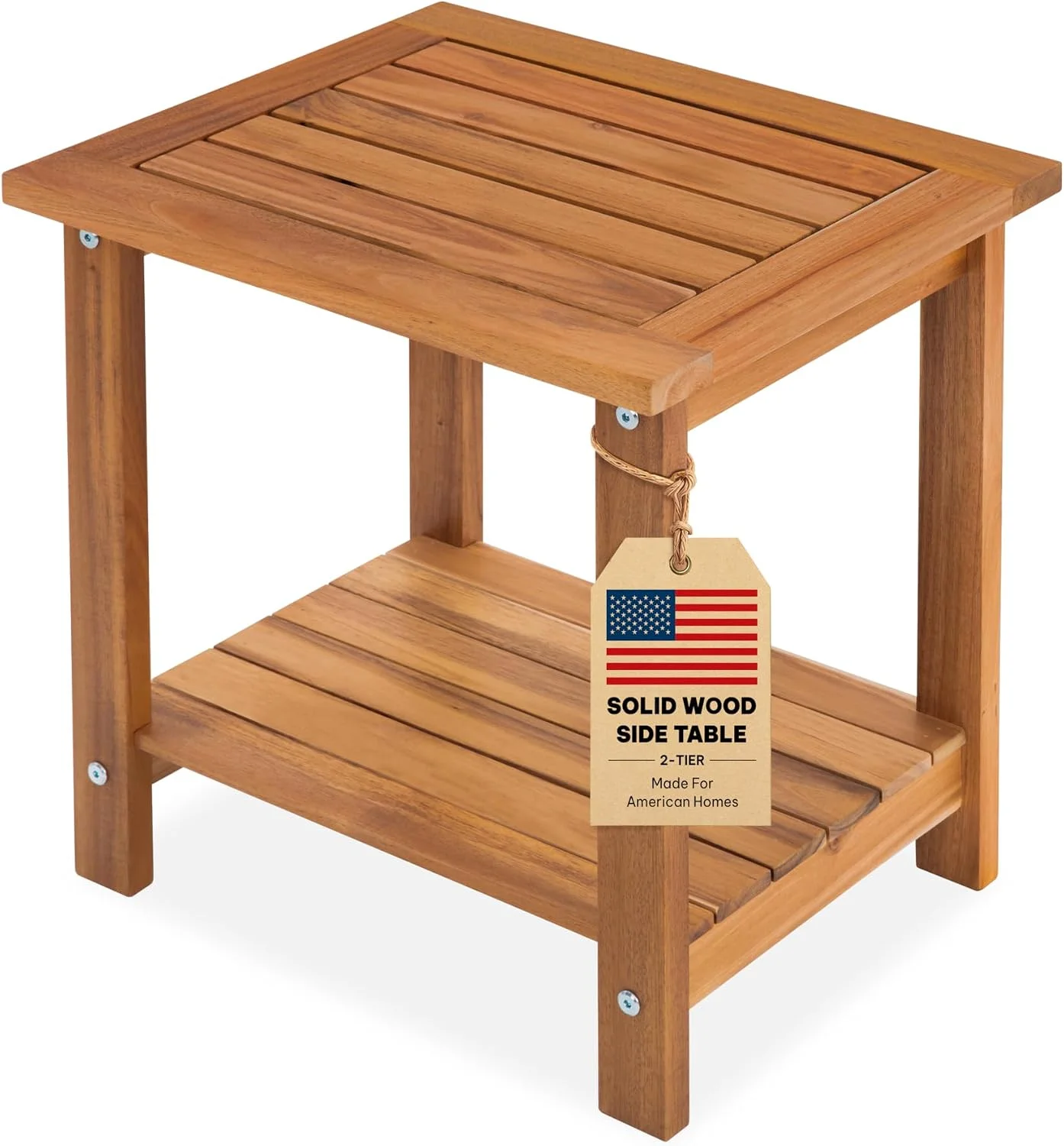 Acacia Wood Adirondack Side Table, 2-Tier Outdoor End Table - Honey Oak
