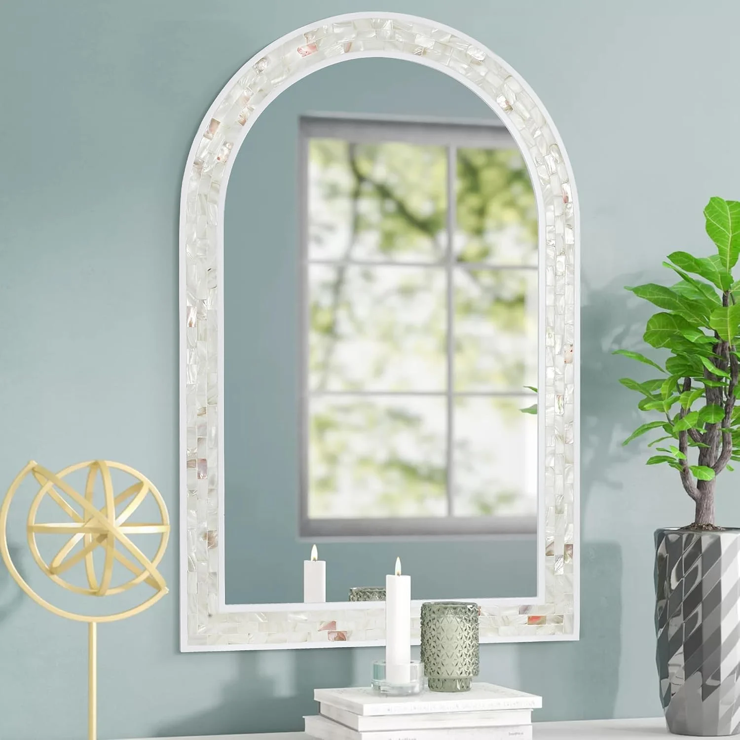 Tanmicoshomy Arched Mirror 24x36 Inch for Bathroom with Shell Frame