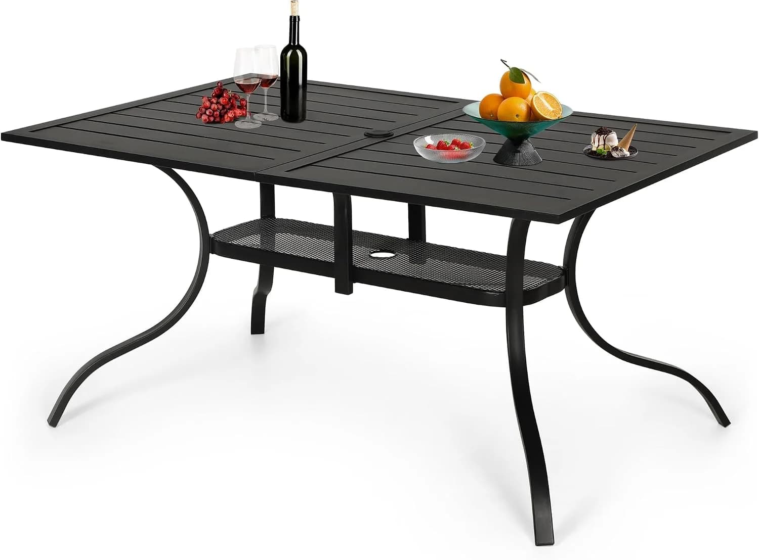 Oakcloud 60"x36" Patio Dining Table, Outdoor Metal Rectangular Table Patio Furniture Classic Black Table with 1.57" Umbr