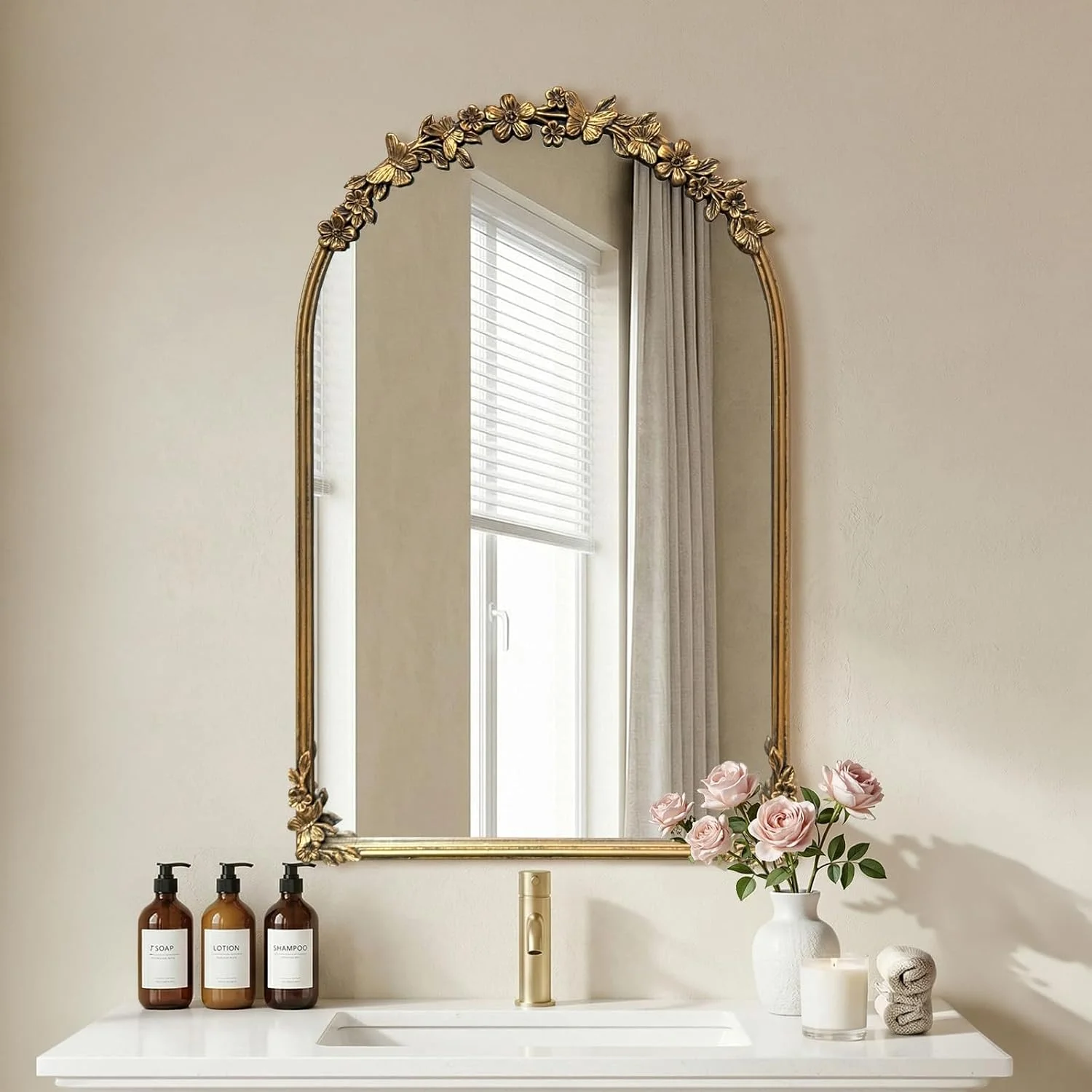 Antique Baroque Vintage Vanity Mirror 36x24Inch, Gold with Ornate Antique Frame, Arched Vintage Wall Mirror for Living R