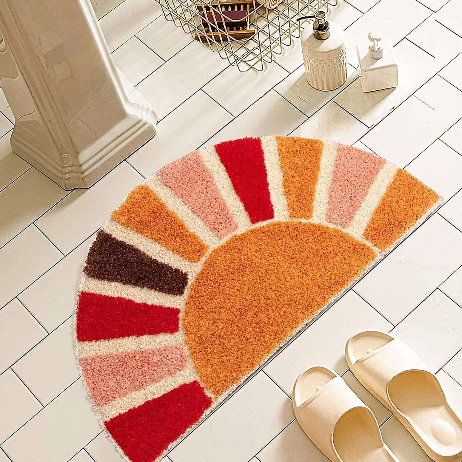 Boho Bathroom Rugs Half Circle Bath Mat Cute Bohemian Bath Rug for Bedroom Small Carpet Home Decor Non-Slip Semi Round S