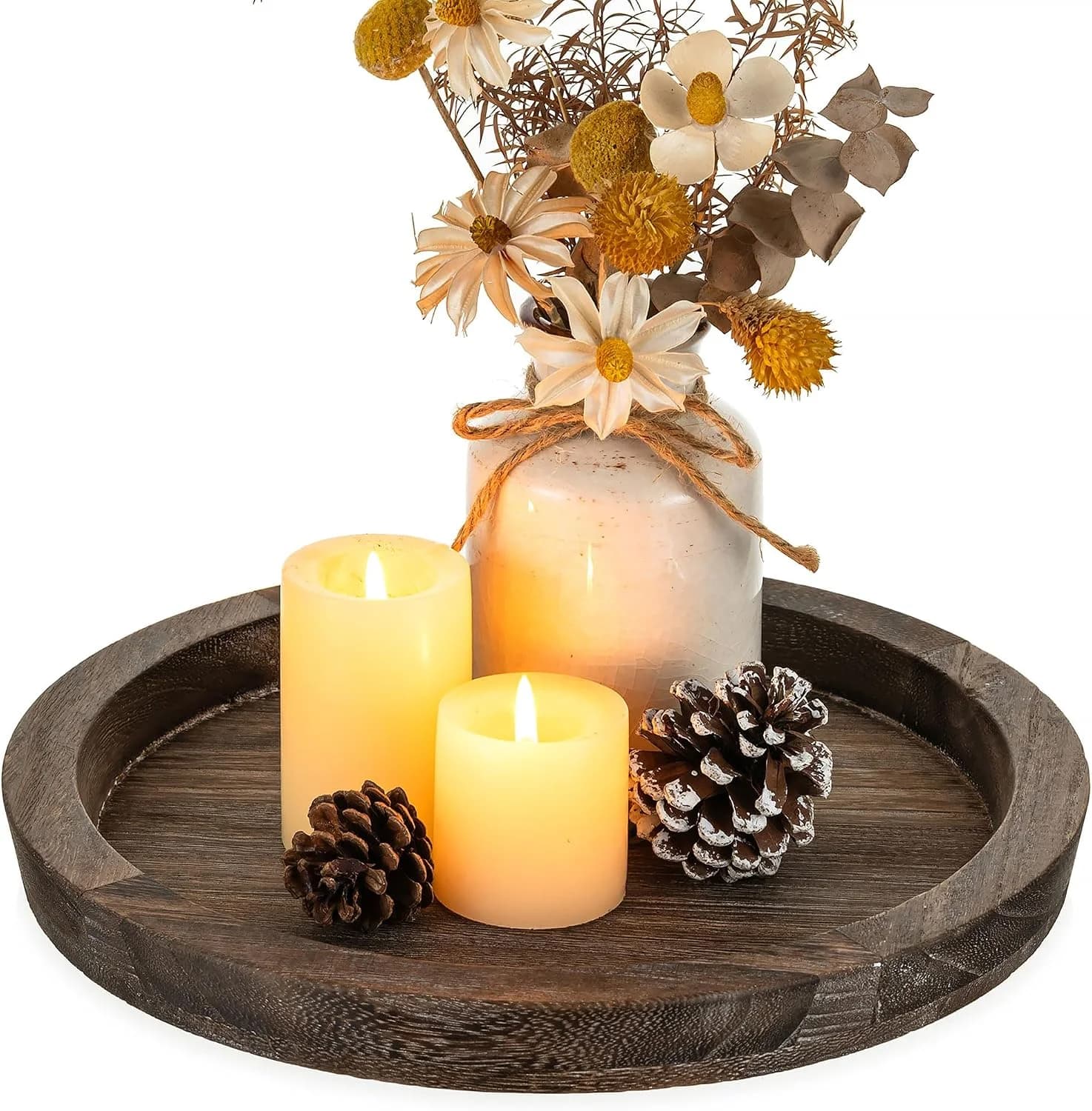Hanobe Wooden Tray for Coffee Table, Decorative Round Candle Holder Plate